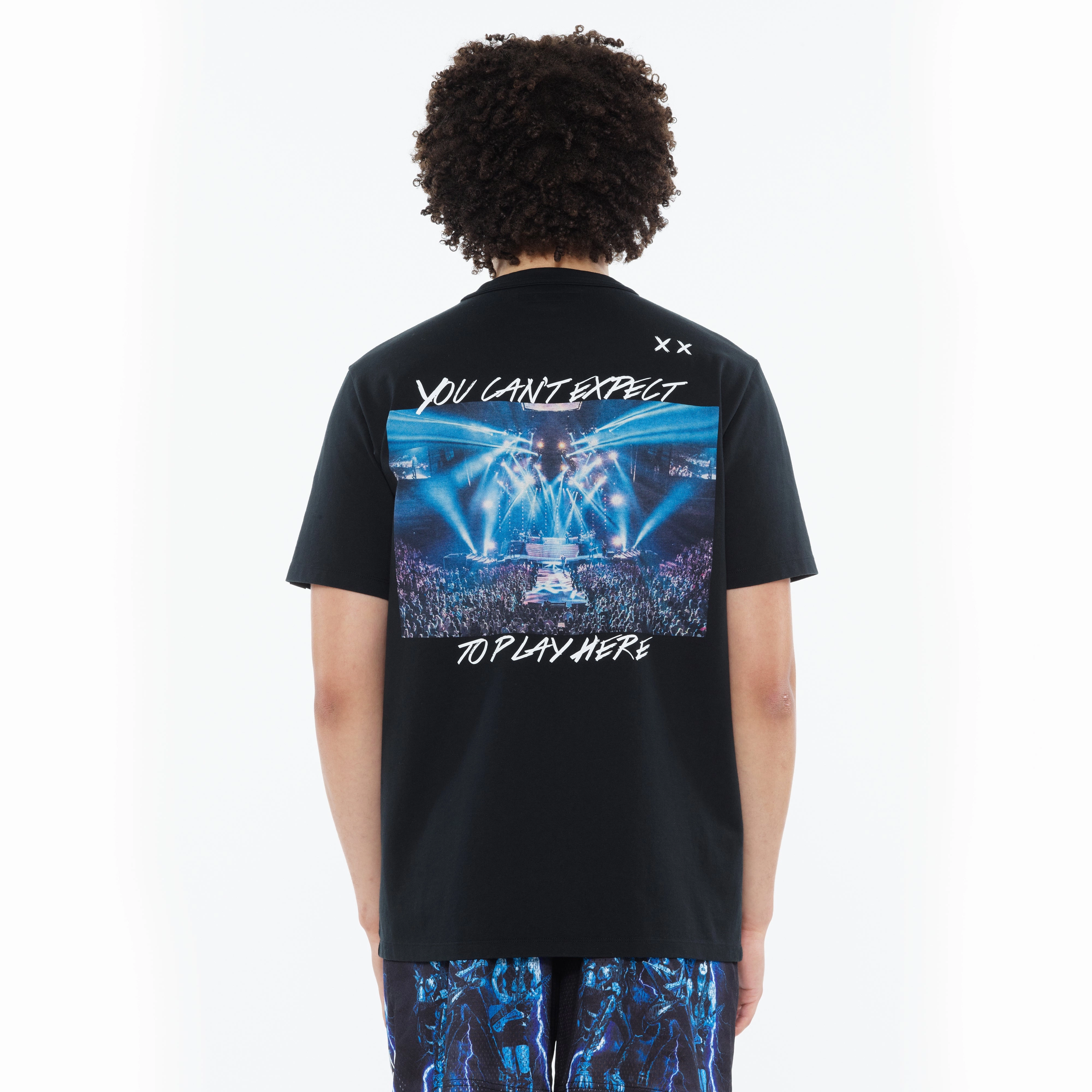 Cult's Heavyweight Short Sleeve Crew Neck Tee "Play Here" in Black Retro