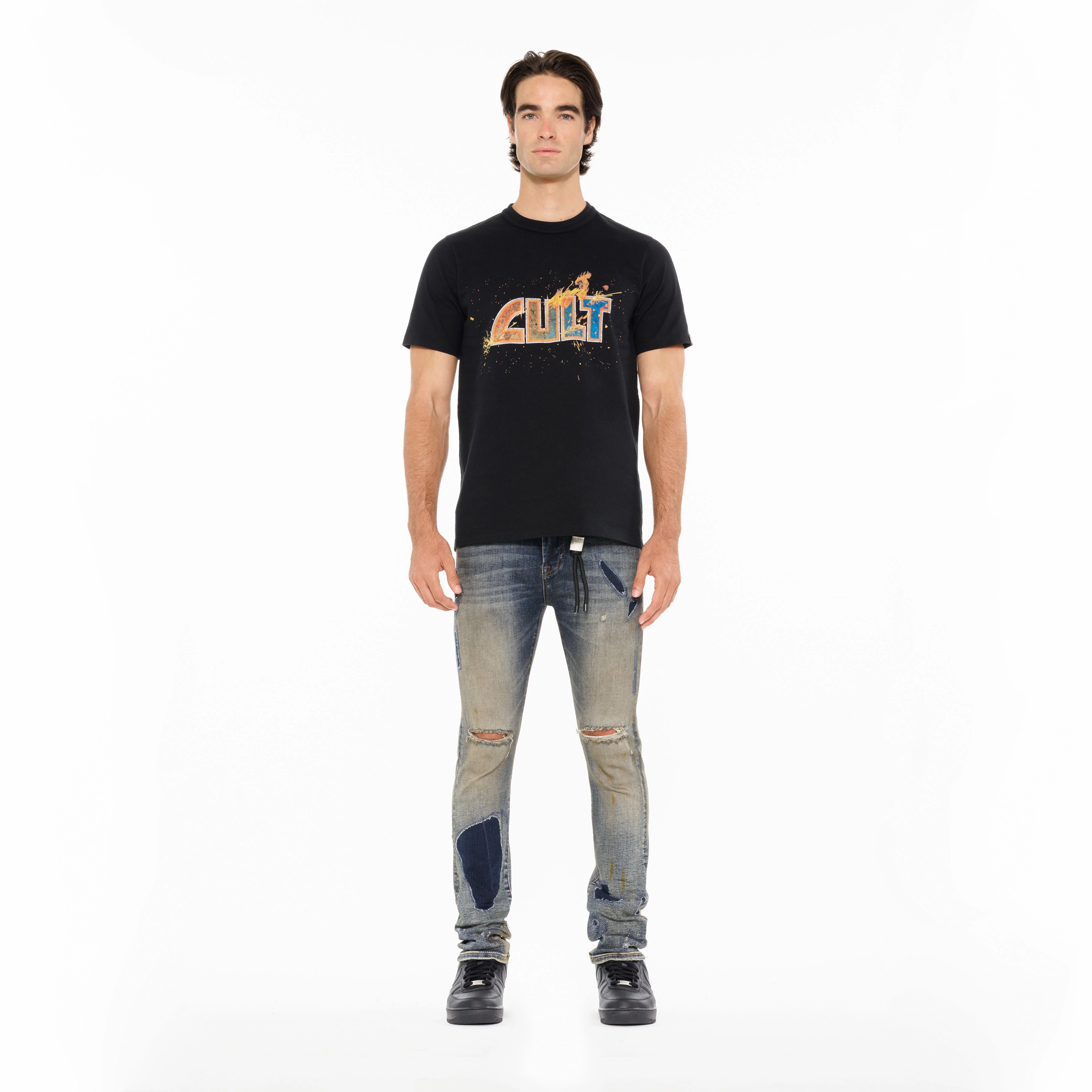 SoftenedNeckline Low Environmental Impact Cult's Heavyweight Short Sleeve Crew Neck Tee "Steel Forged Logo" in Black