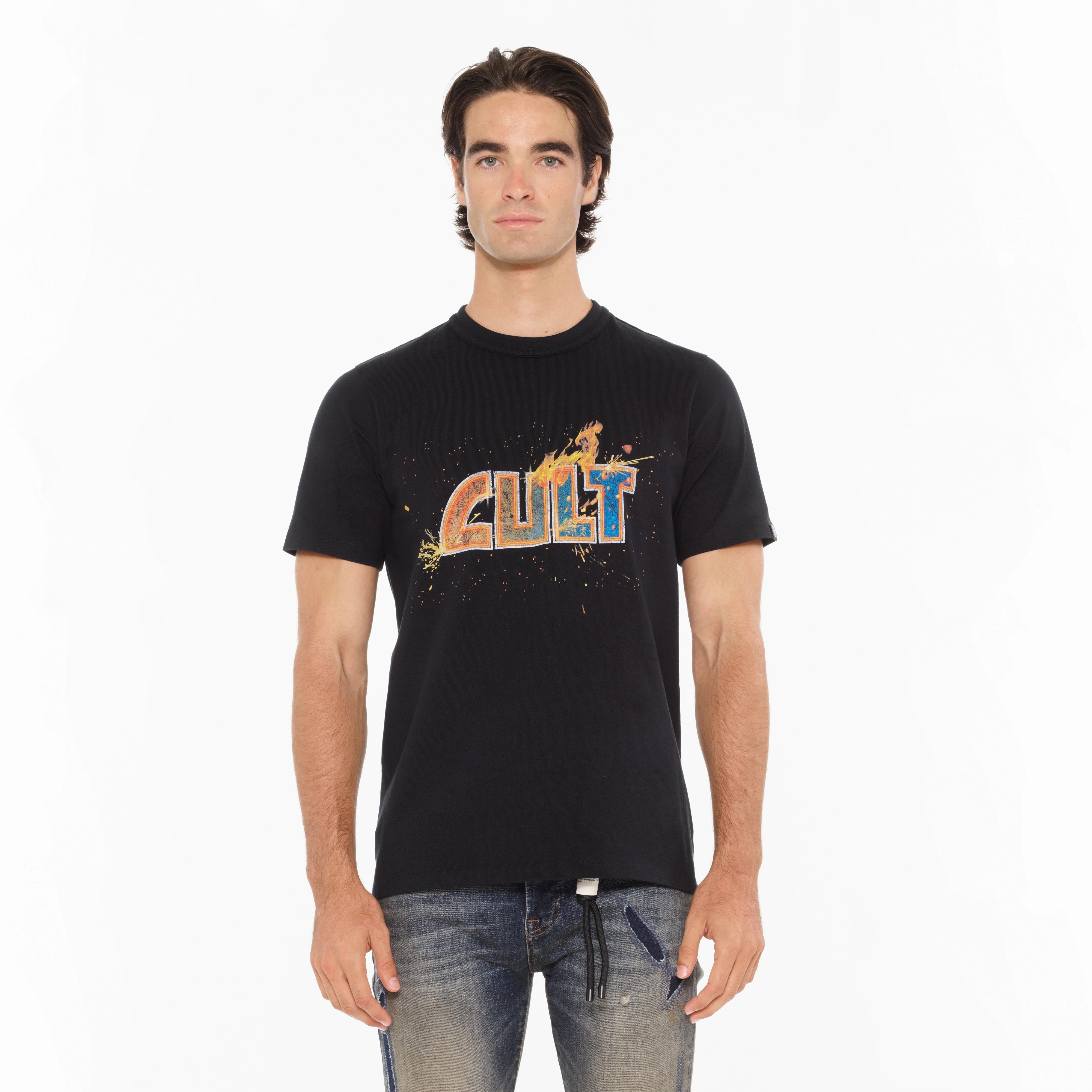 Cult's Heavyweight Short Sleeve Crew Neck Tee "Steel Forged Logo" in Black Roomy Fit Trendy Comfort Wear