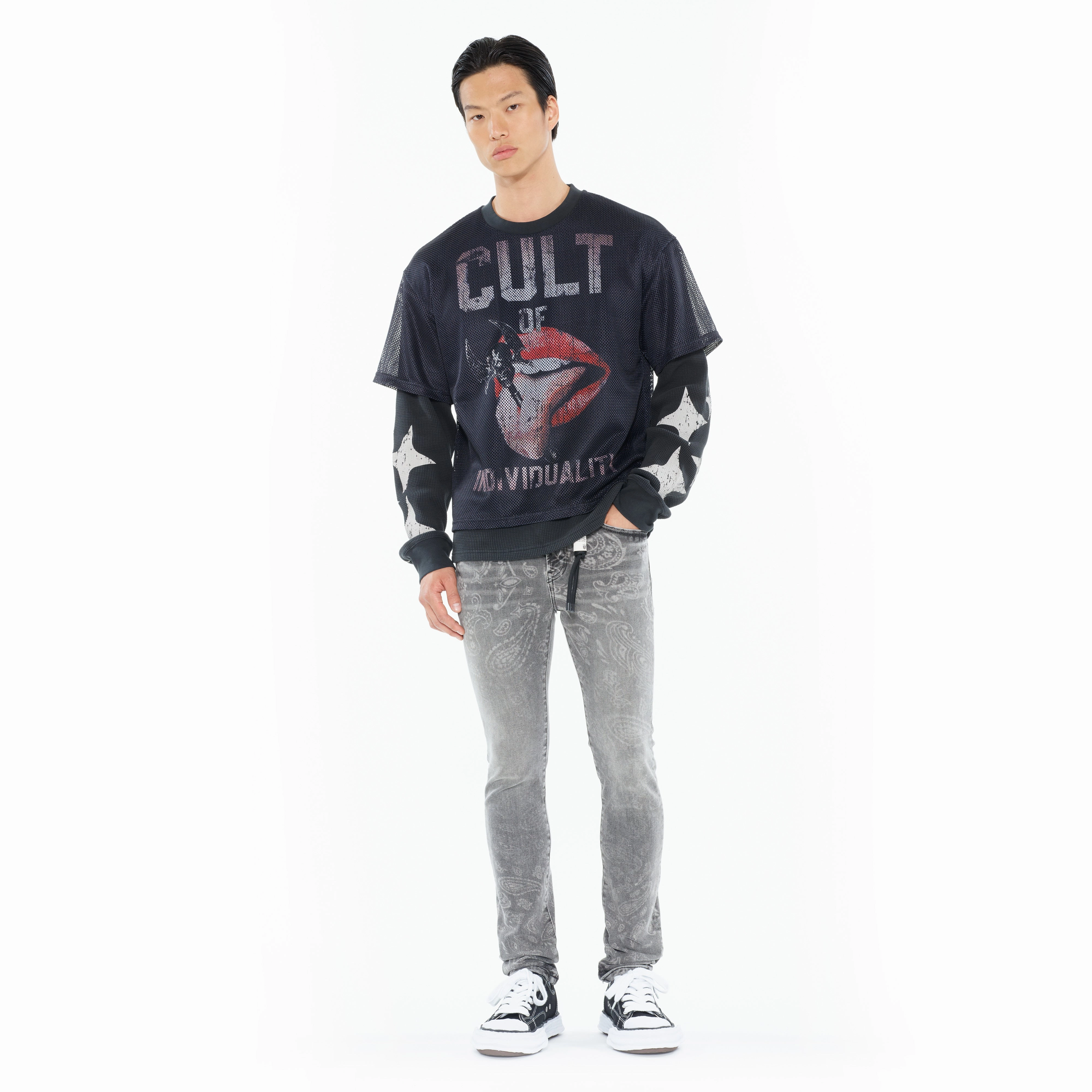 Relaxed Design Neutral Color Cult's Long Sleeve Thermal With Mesh Shirt in Steel