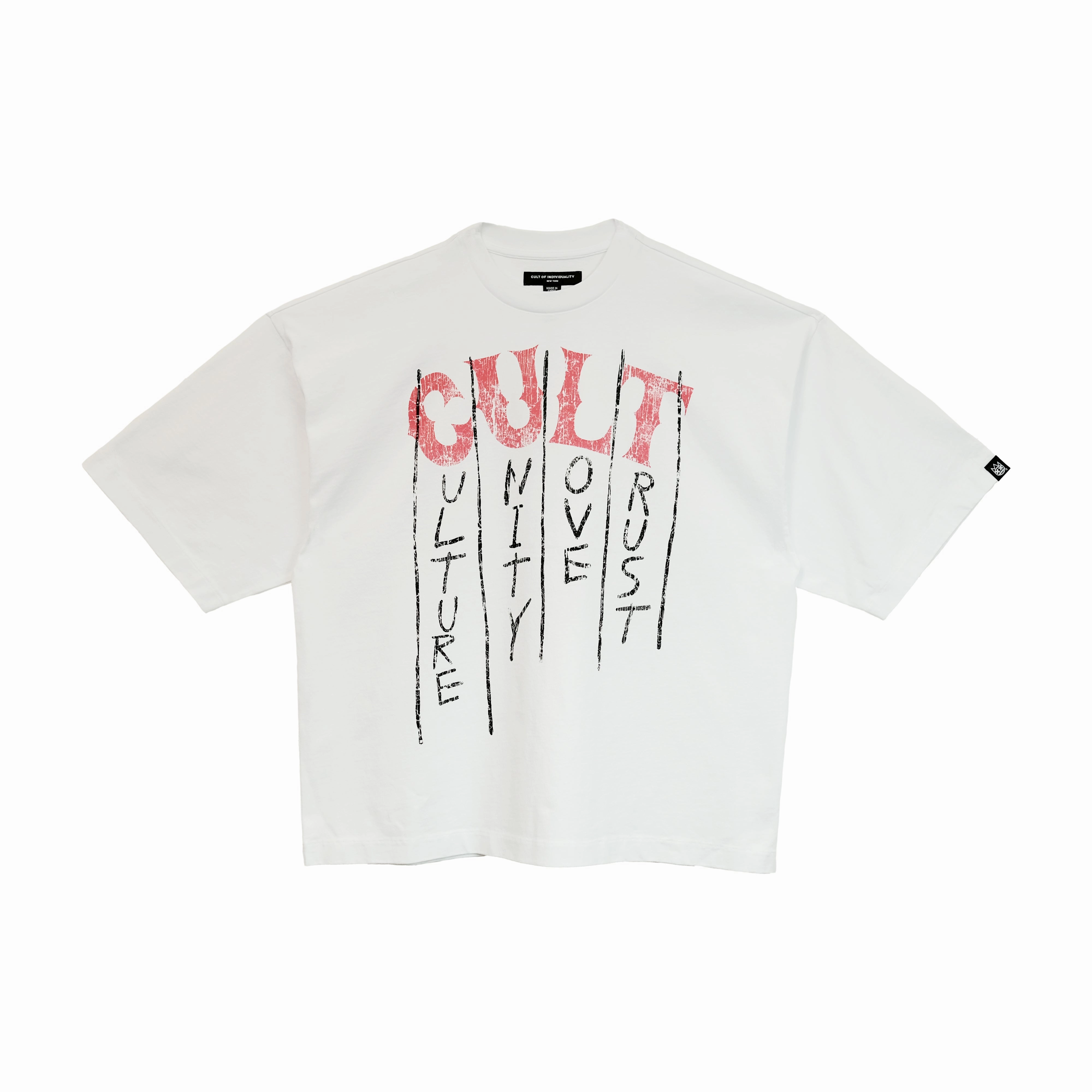 Chic and Cozy Wear Cult's Oversized Heavyweight Boxy Short Sleeve Crew Neck Tee "C.U.L.T." in White