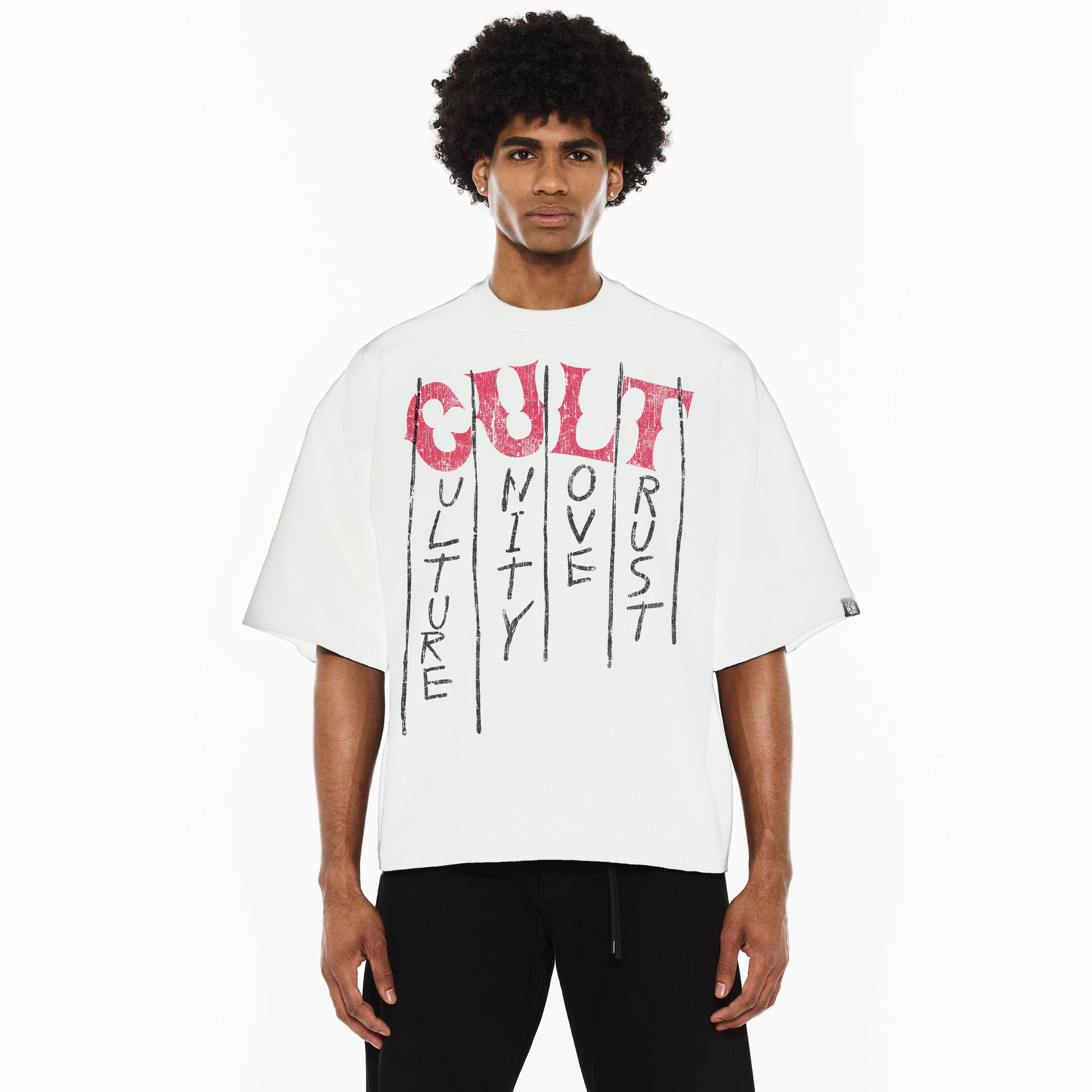 Layered Sleeve Construction Cult's Oversized Heavyweight Boxy Short Sleeve Crew Neck Tee "C.U.L.T." in White