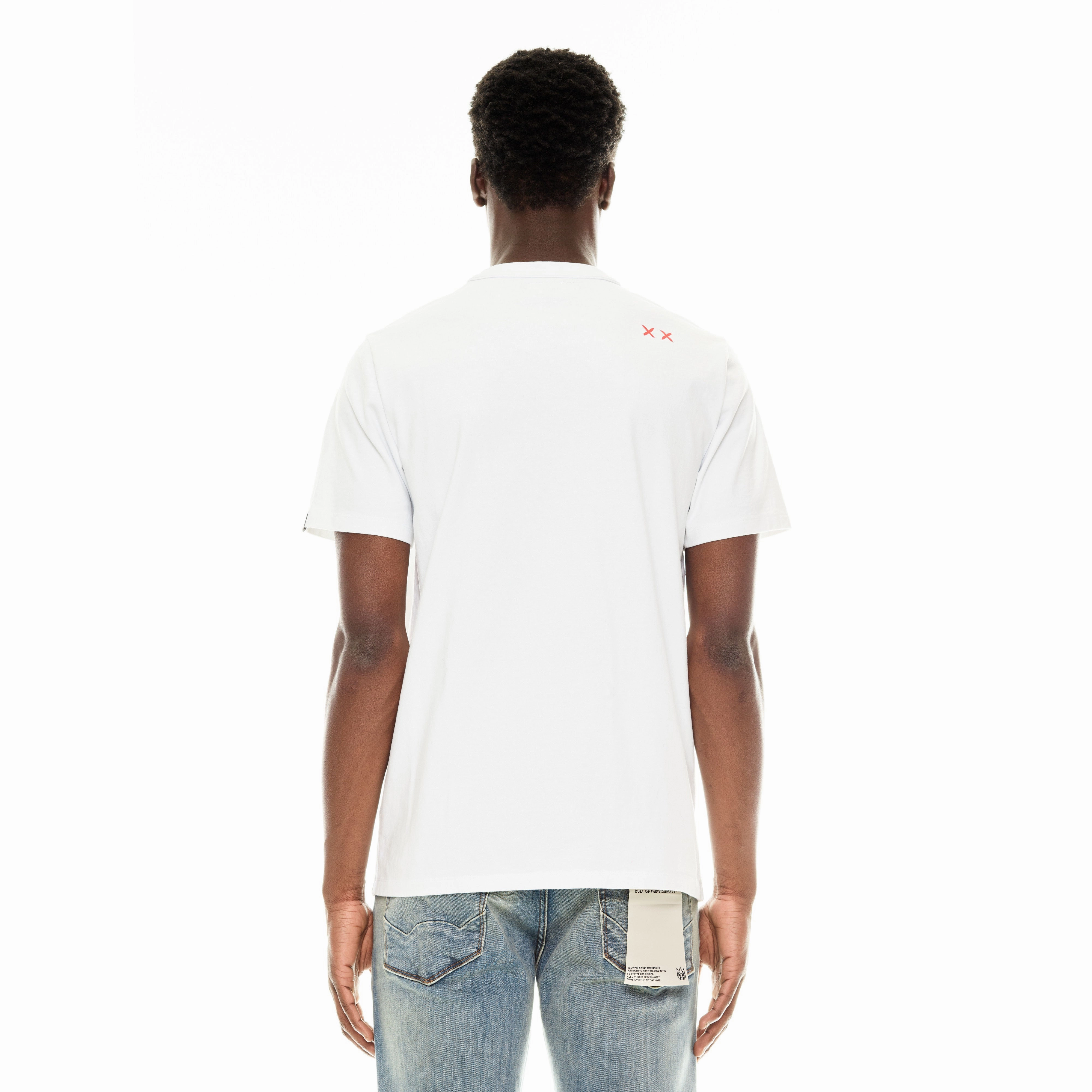 Cult's Short Sleeve Crew Neck Tee "Heart Broken" in White Reinforced Shoulders Practical Design