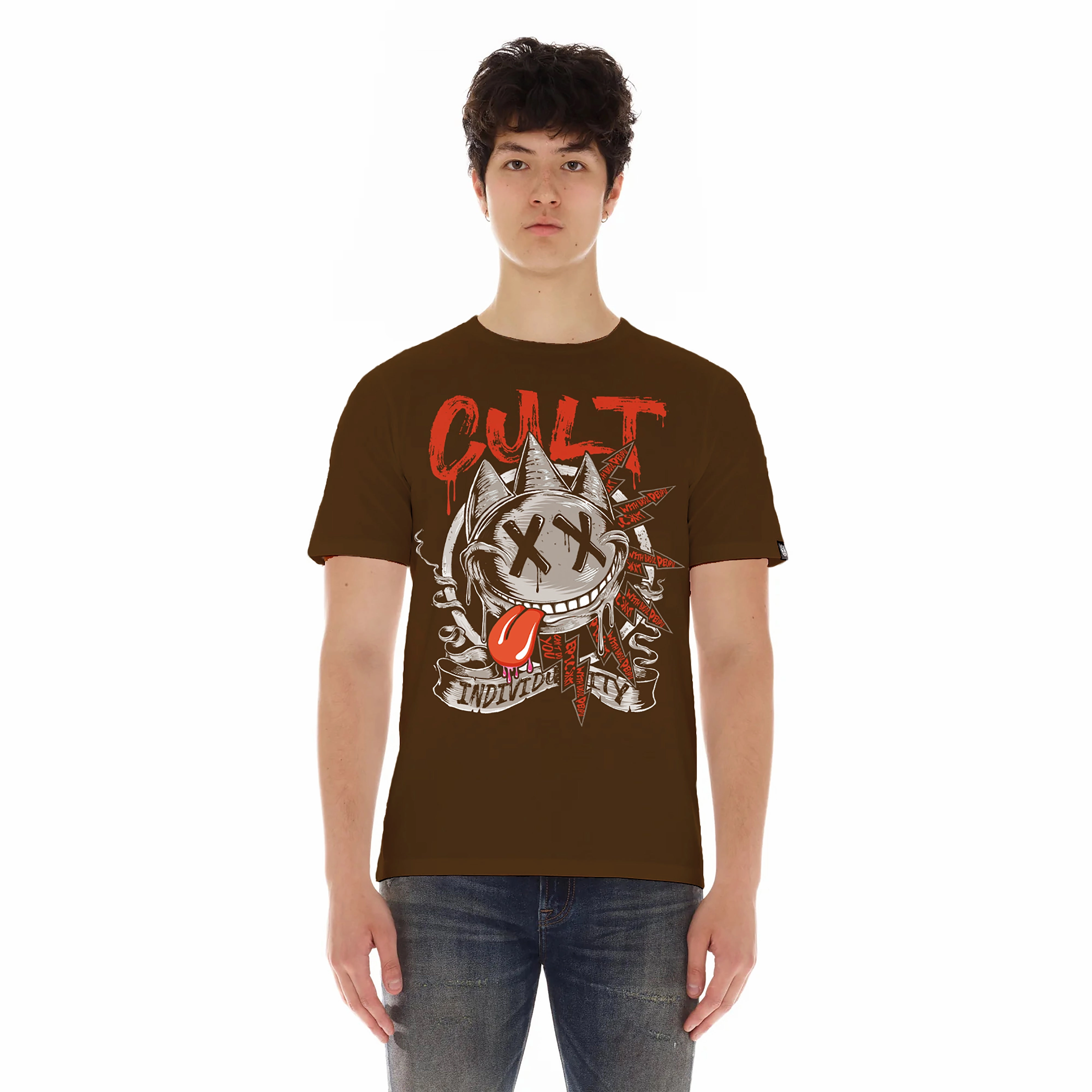 Breathable apparel Cult's Short Sleeve Crew Neck Tee "Zany Face" in Brown