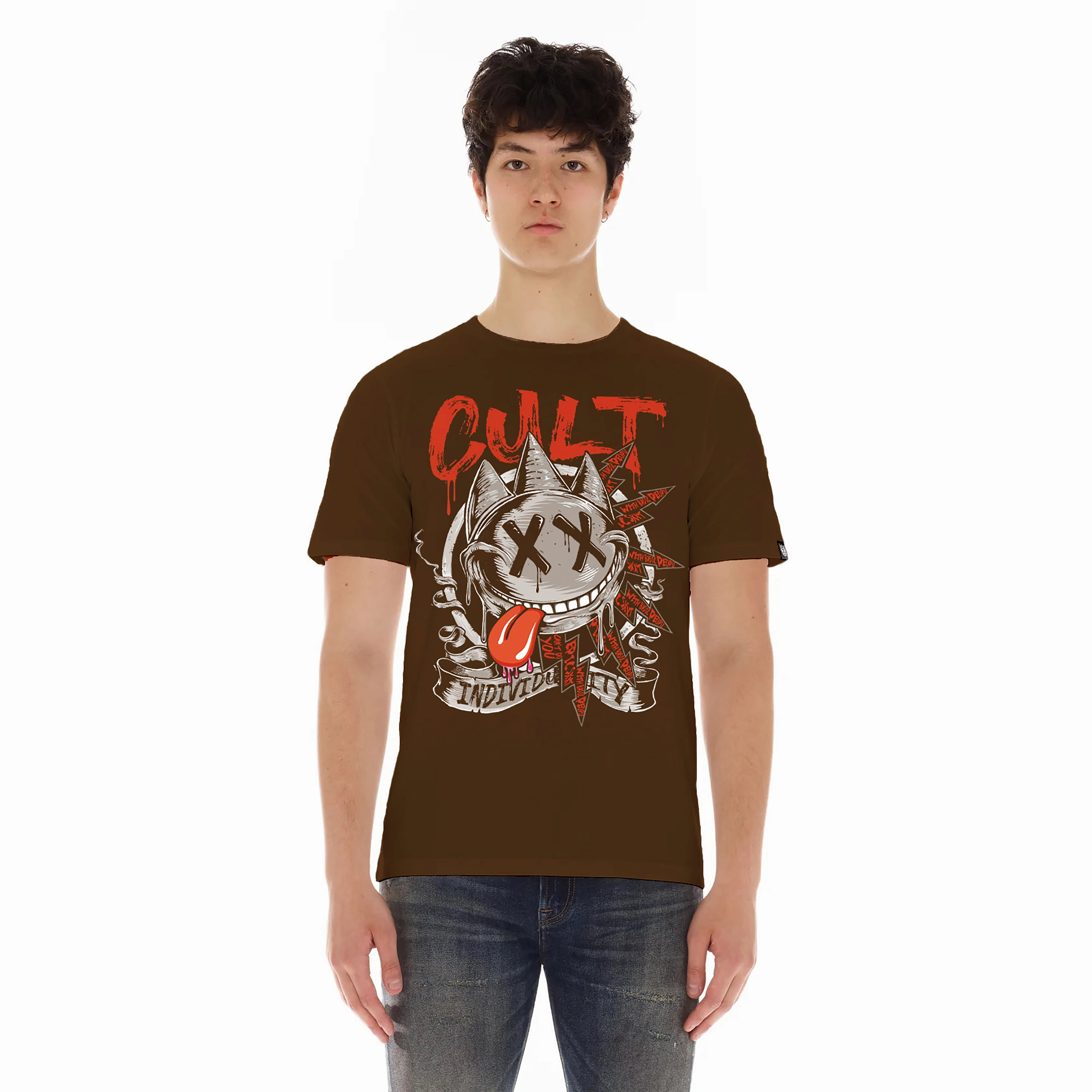 Cult's Short Sleeve Crew Neck Tee "Zany Face" in Brown Kids clothing Sleek And Stylish