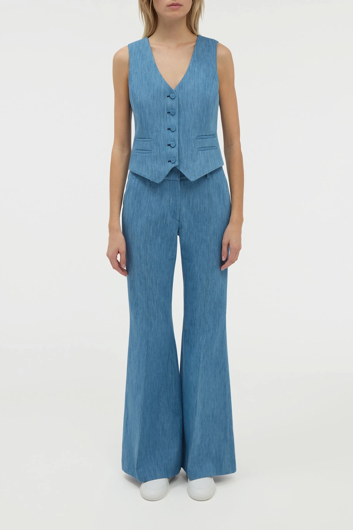 Rhein Flare Pant in Medium Blue Recycled Cotton Linen Denim Elegant Business Style Timeless Appeal
