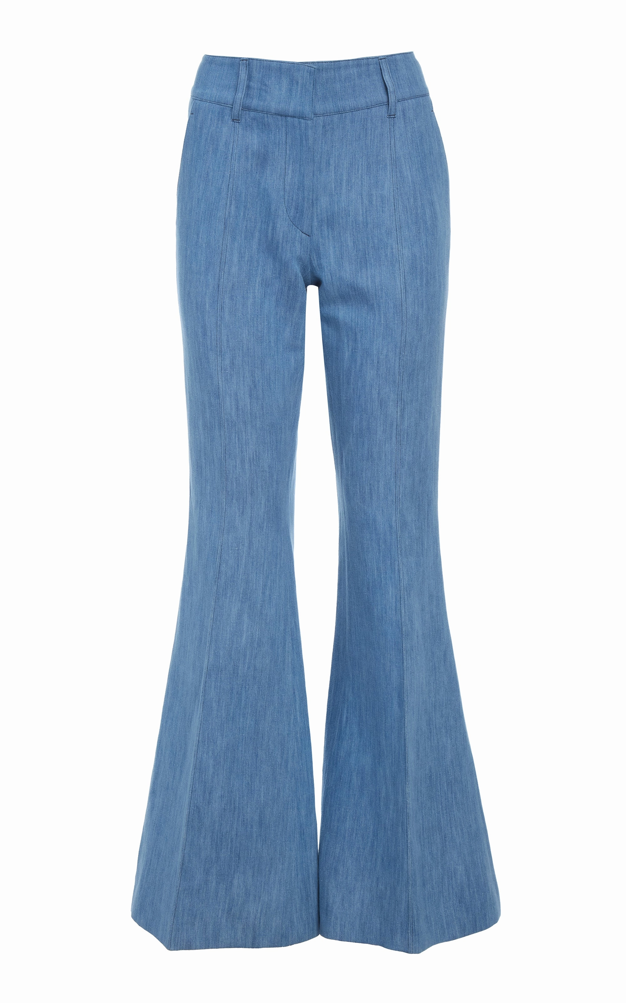 Chilly Day Layer Sophisticated Layering Rhein Flare Pant in Medium Blue Recycled Cotton Linen Denim