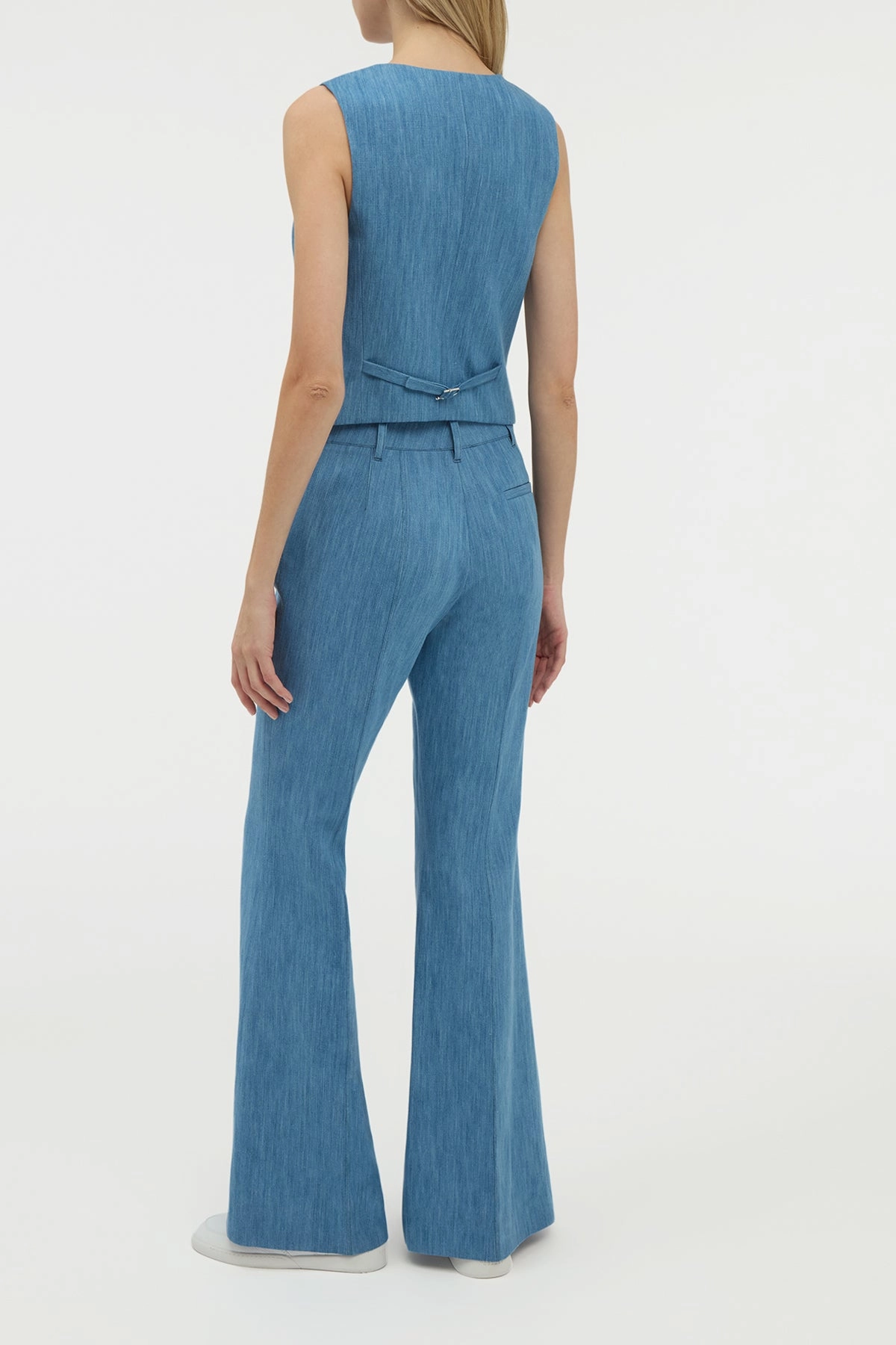 Rhein Flare Pant in Medium Blue Recycled Cotton Linen Denim Business Professional Temperature Regulating Textiles
