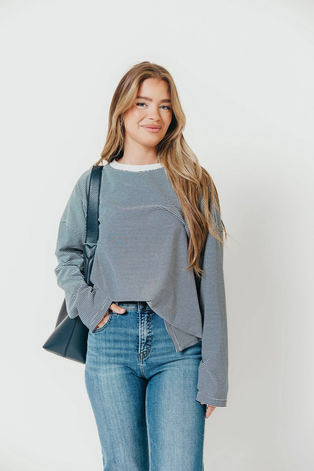 Camden Oversized Striped Top in Navy/White Stretchable Waistband Yarn Dyed Pattern Cloth