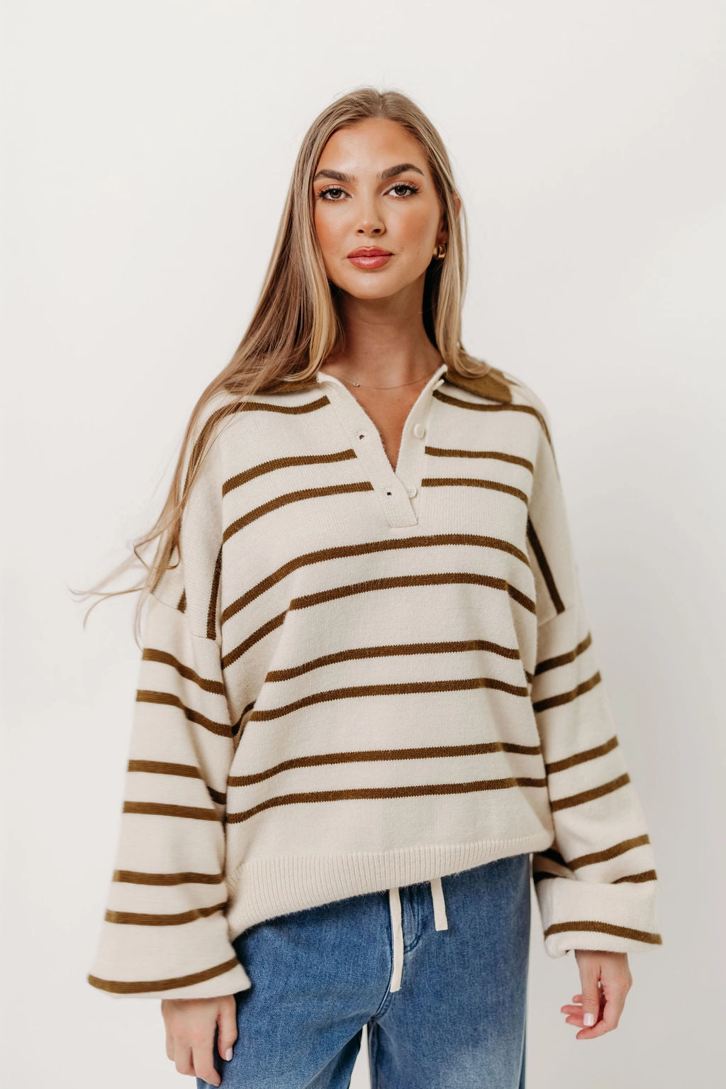 PreShrunk Fabric Juno Collared Sweater in Ivory Olive Stripe (Sign up for Restocks)