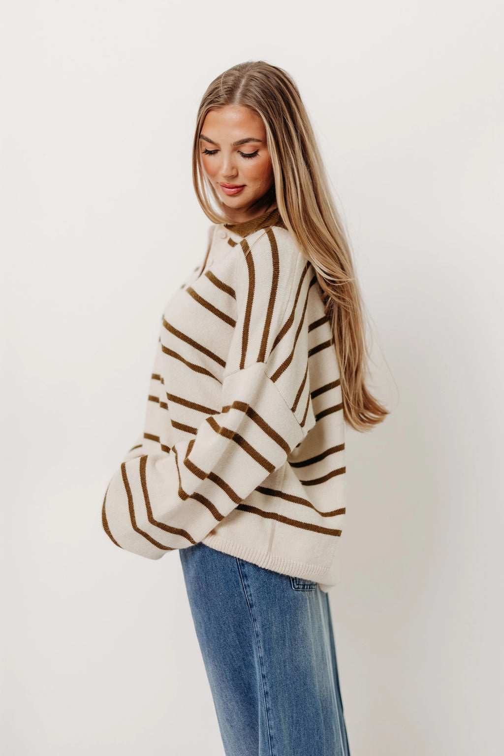 FourWayStretch Juno Collared Sweater in Ivory Olive Stripe (Sign up for Restocks)