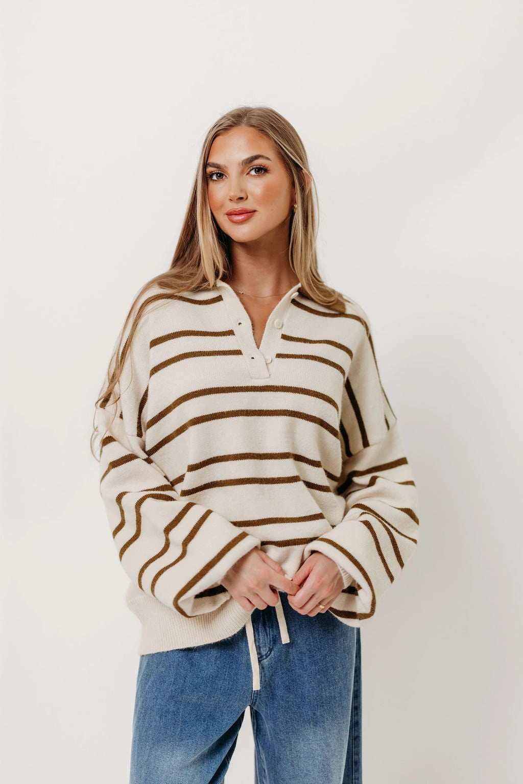ClassicCrewNeck FadeResistant Finish Juno Collared Sweater in Ivory Olive Stripe (Sign up for Restocks)