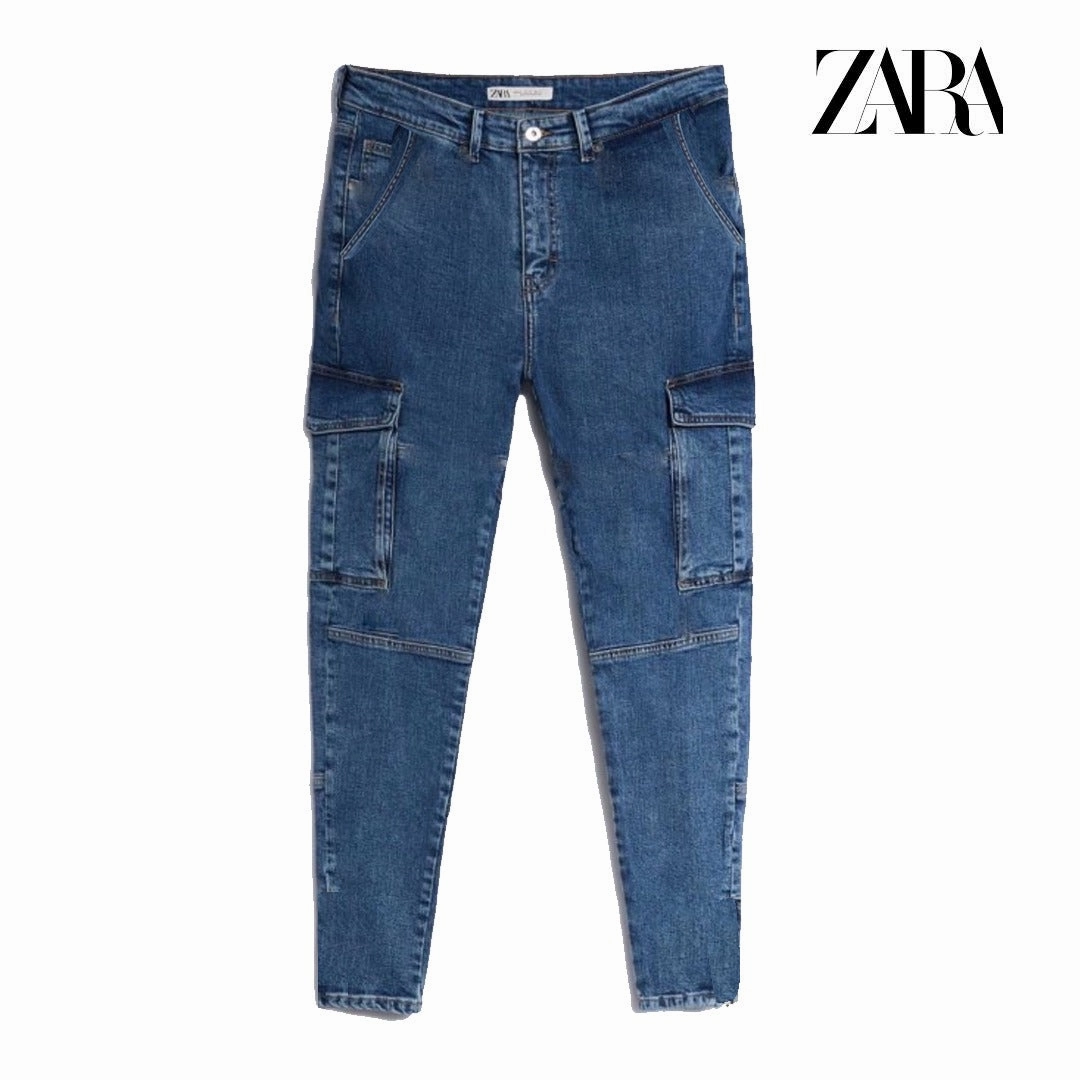 Zara Slim Fit Blue Cargo Jeans Breathable Comfort Wear
