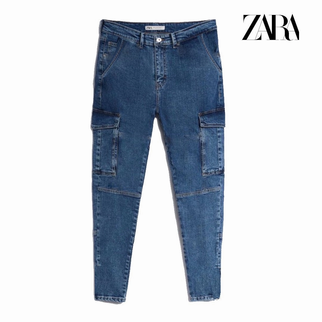 Zara Slim Fit Blue Cargo Jeans Fashionable Layer Relaxed Look