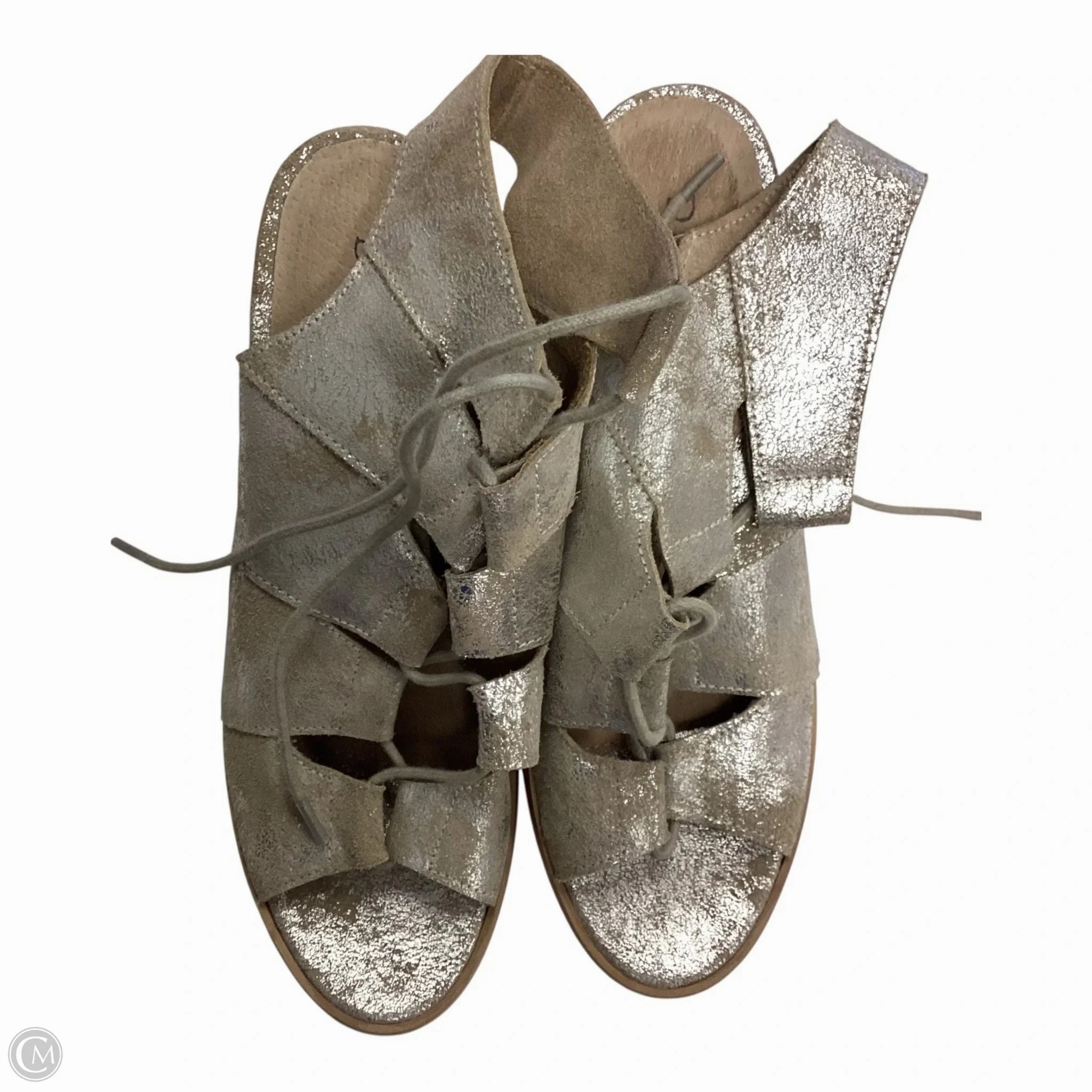 Casual Evening Wear Matte Finish Shoes Heels Block By Clothes Mentor In Silver & Tan, Size: 8.5