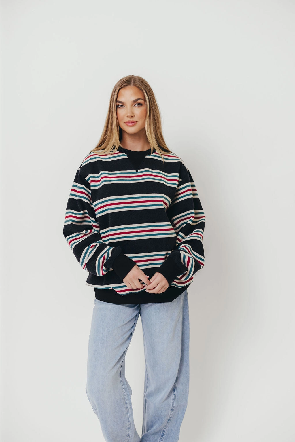 Blake Retro Striped Crewneck Sweatshirt in Dust Navy Reinforced Hem AntiStaticInnerLining
