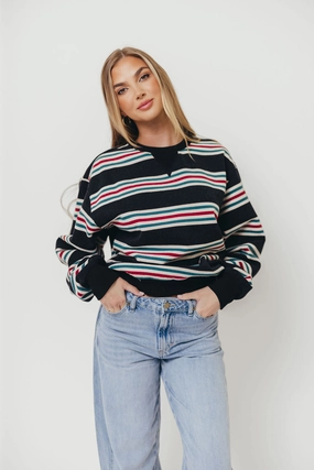 Blake Retro Striped Crewneck Sweatshirt in Dust Navy MultiPocket Design