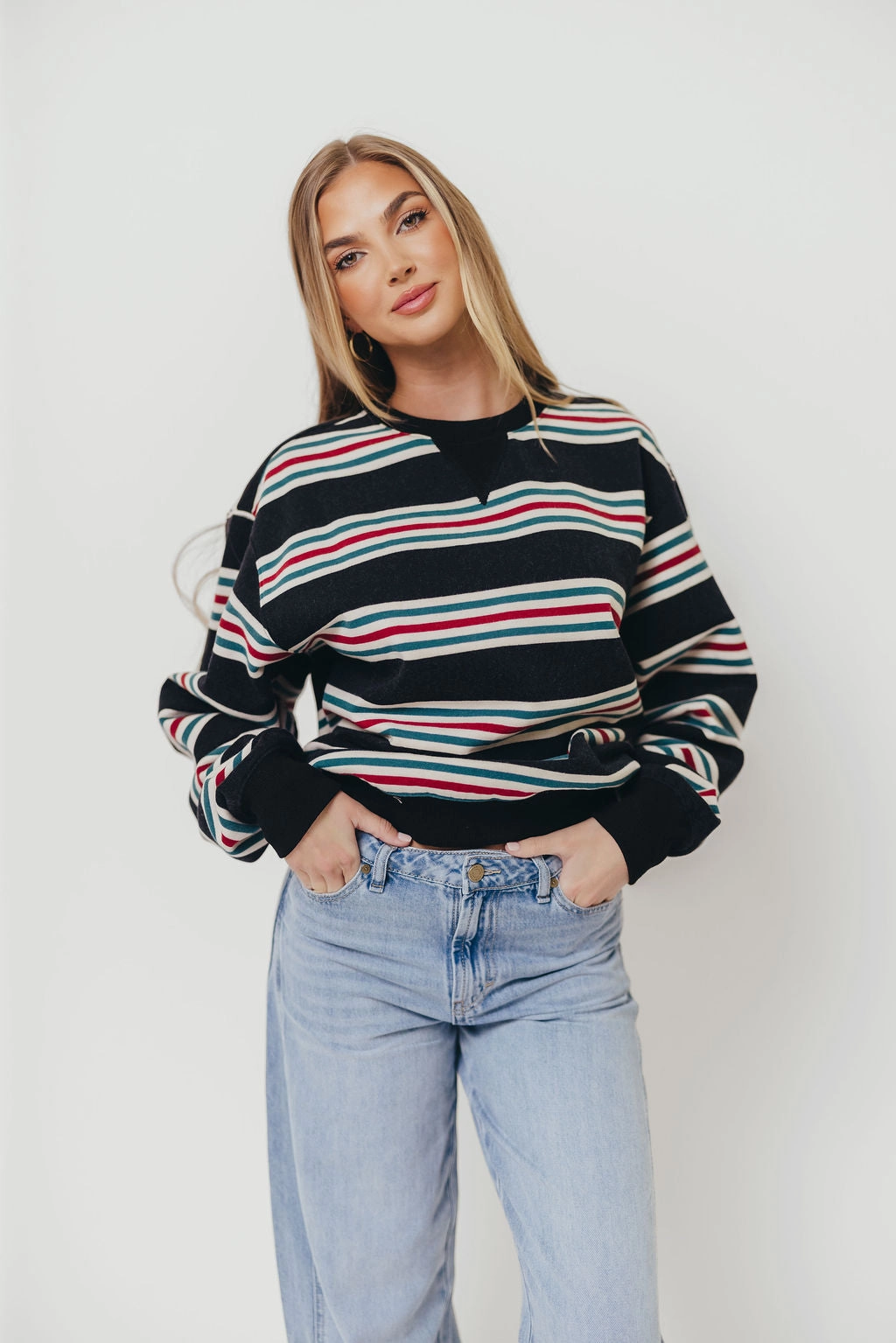 Blake Retro Striped Crewneck Sweatshirt in Dust Navy MultiPocket Design