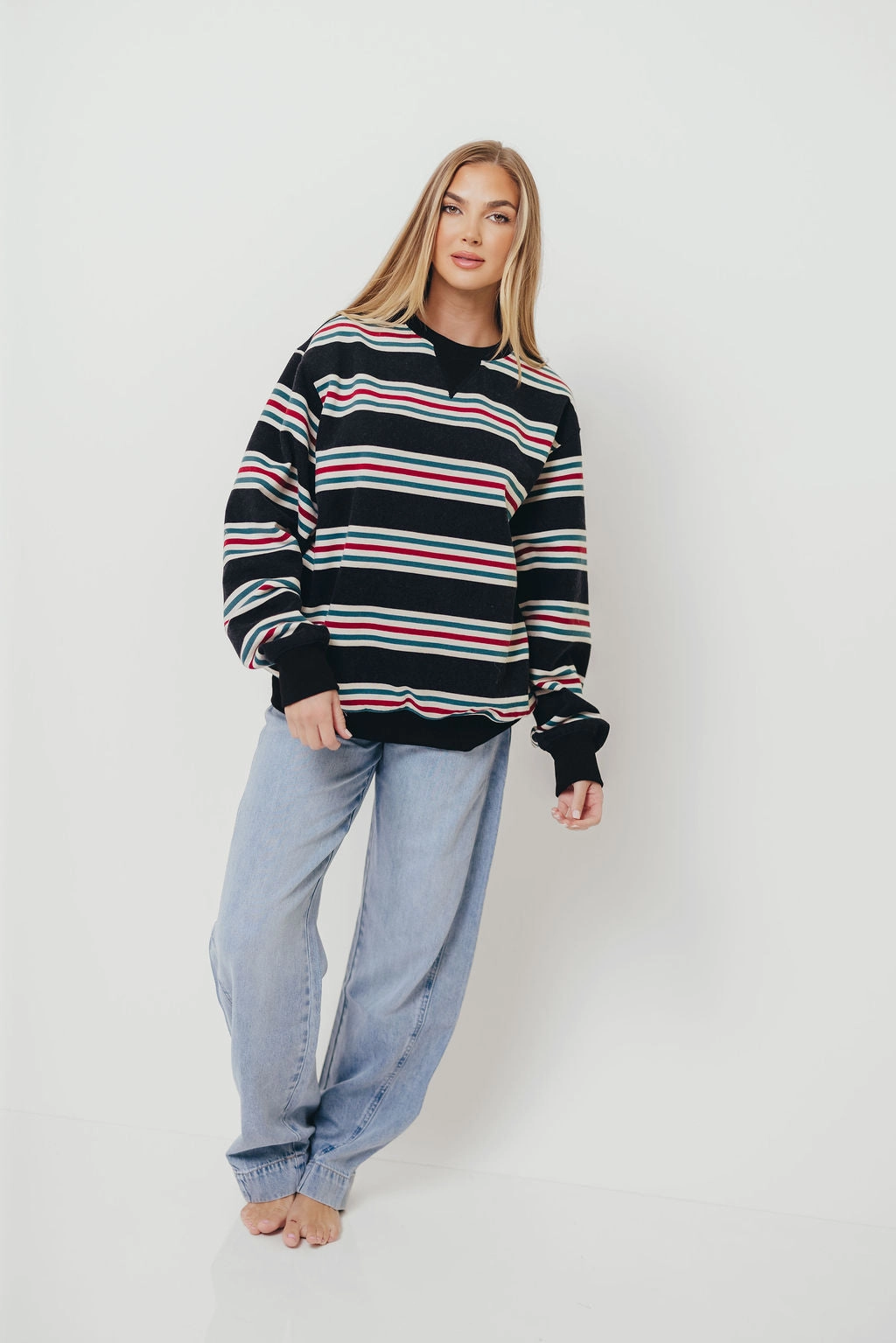 Athletic Wear Low Profile Collar Blake Retro Striped Crewneck Sweatshirt in Dust Navy