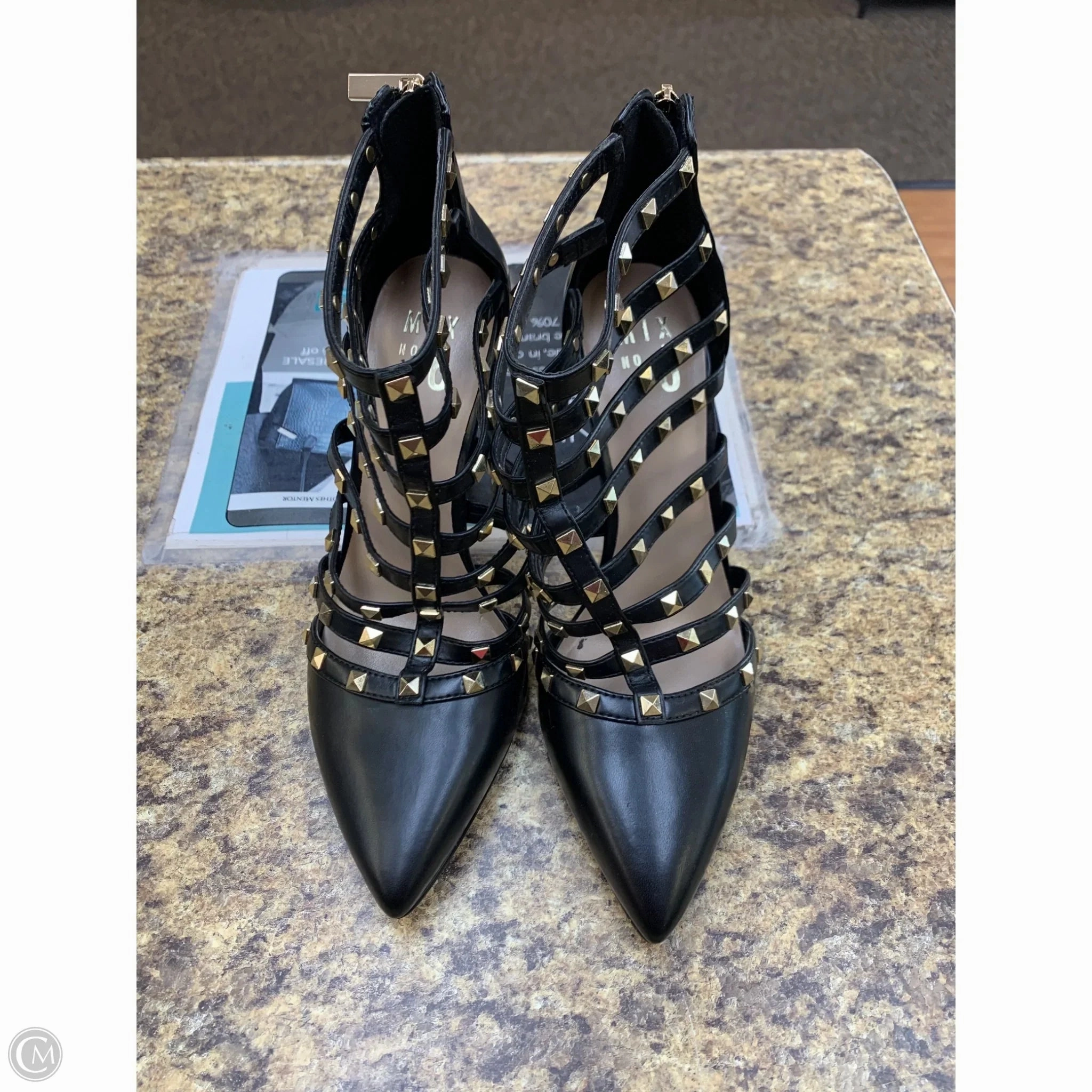 Shoes Heels Stiletto By Mix No 6 In Black & Gold, Size: 8 Fresh Edge Buckle Detail