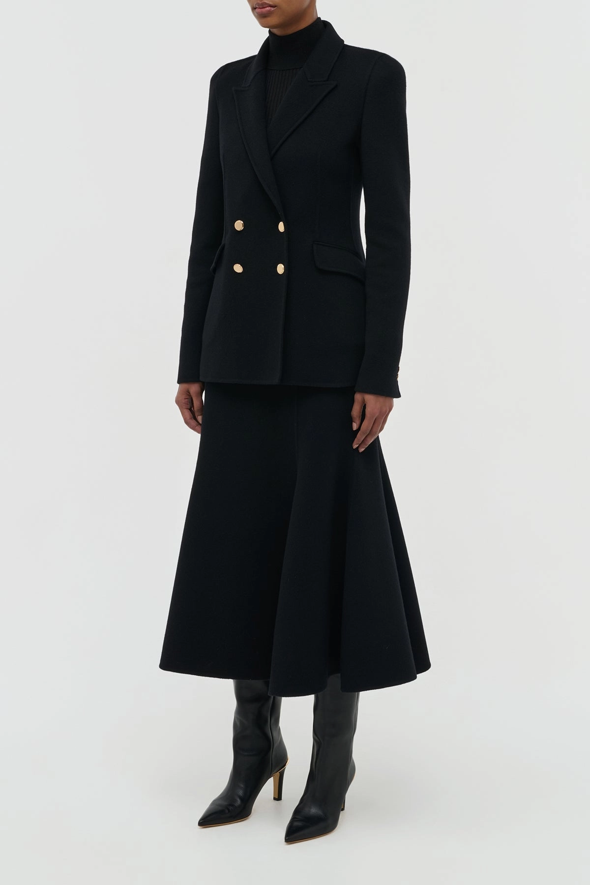 Refined Look Wear 360 Degree Movement Design Patterson Midi Skirt in Black Double-Face Recycled Cashmere