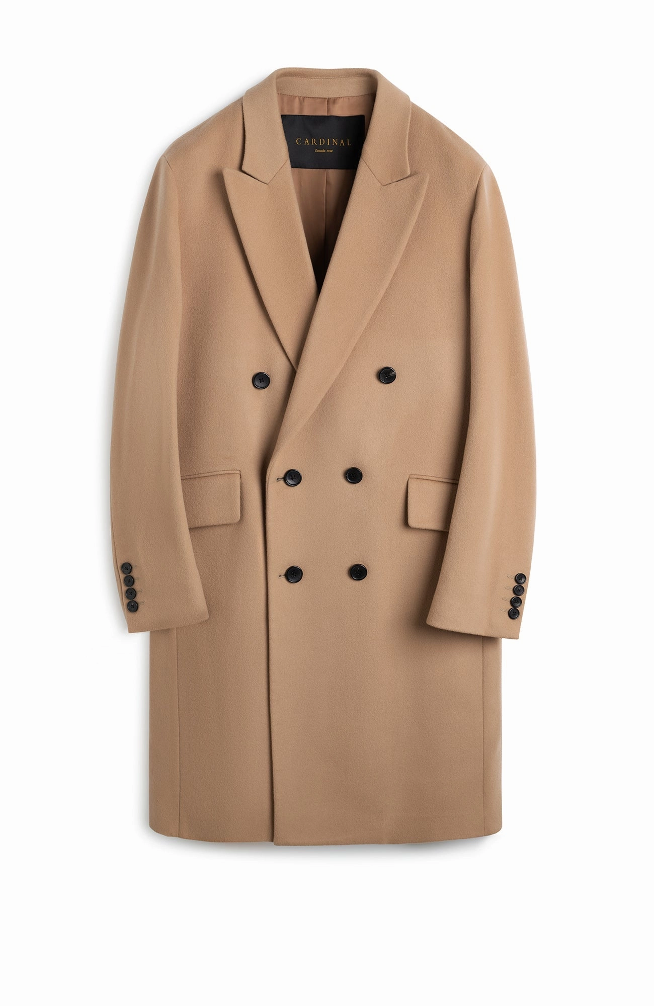 THOMAS WOOL & CASHMERE CAMEL OVERCOAT Recycled Material Blend Quick Release Buckle Mechanism