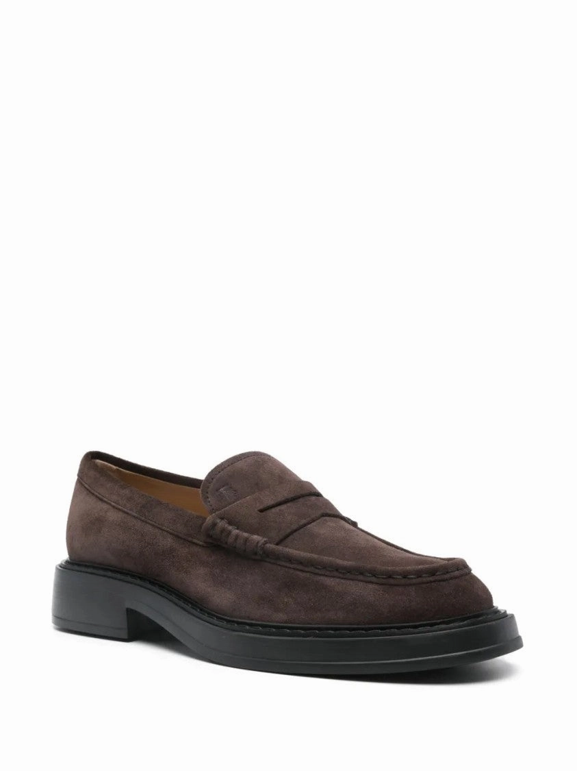 Elegant Brown Suede Loafers With Penny Strap Detail Durable Comfort