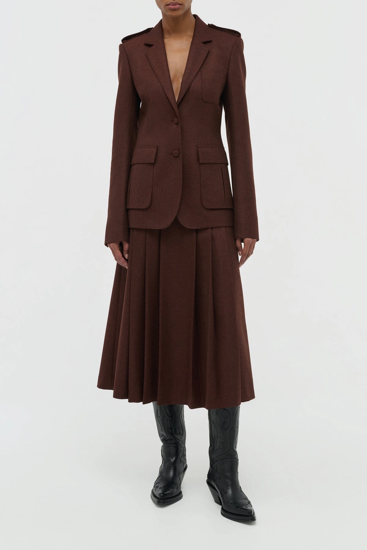 Wesley Pleated Midi Skirt in Burnt Sienna Wool Cashmere Flannel Chic and Elegant