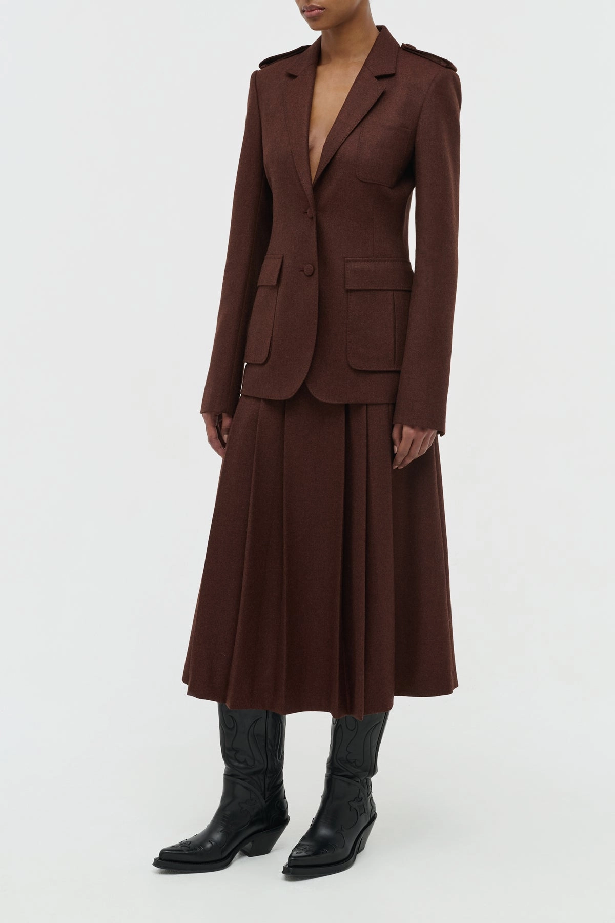 Luxurious Tailoring All-day Comfort Wesley Pleated Midi Skirt in Burnt Sienna Wool Cashmere Flannel