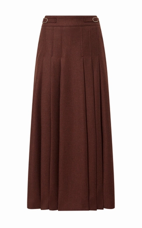 Wesley Pleated Midi Skirt in Burnt Sienna Wool Cashmere Flannel Convertible Cuff Mechanism Custom Tailored