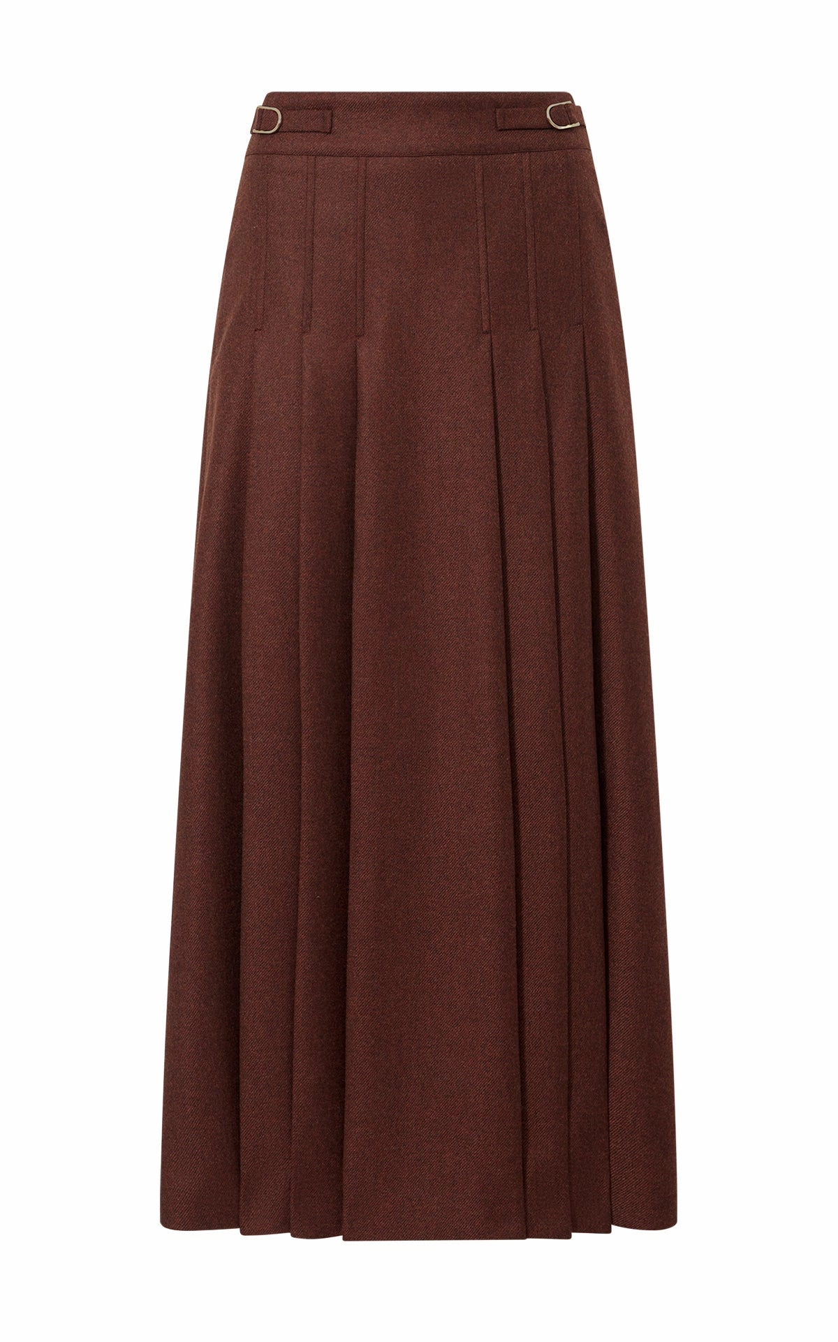 Wesley Pleated Midi Skirt in Burnt Sienna Wool Cashmere Flannel Convertible Cuff Mechanism Custom Tailored