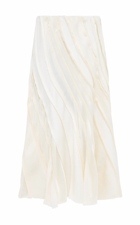 Sleek Business Wear Timeless Comfort Elora Patchwork Midi Skirt in Ivory Textured Linen Slub