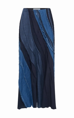 Elora Patchwork Midi Skirt in Medium Blue Recycled Cotton Linen Denim Refined Tailored