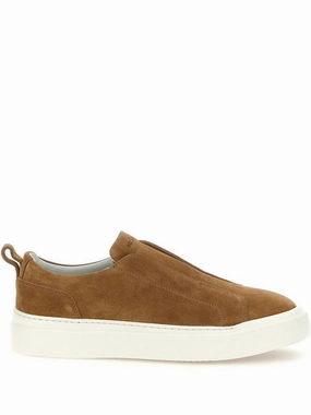 Cognac Brown Suede Slip-On Loafers With Logo-Debossed Tongue Light Sole