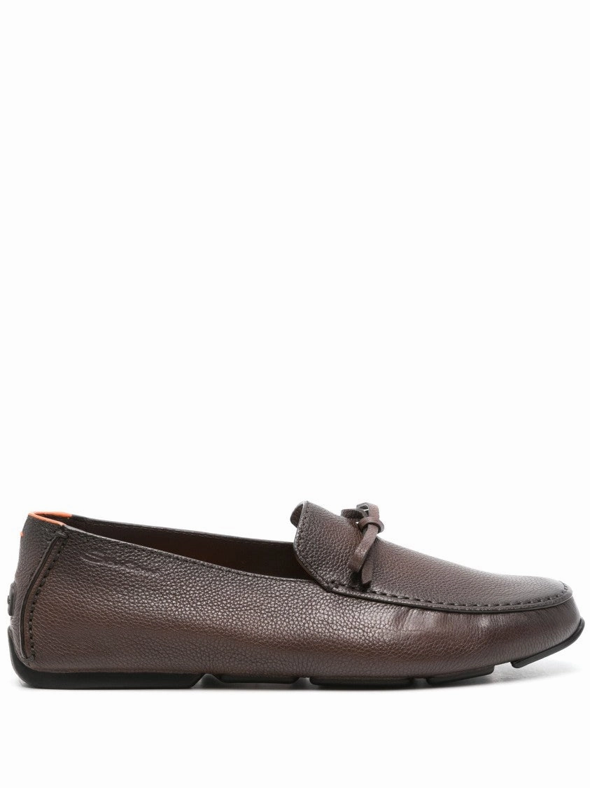 Brown Textured Leather Loafers With Decorative Bow Firm Pace