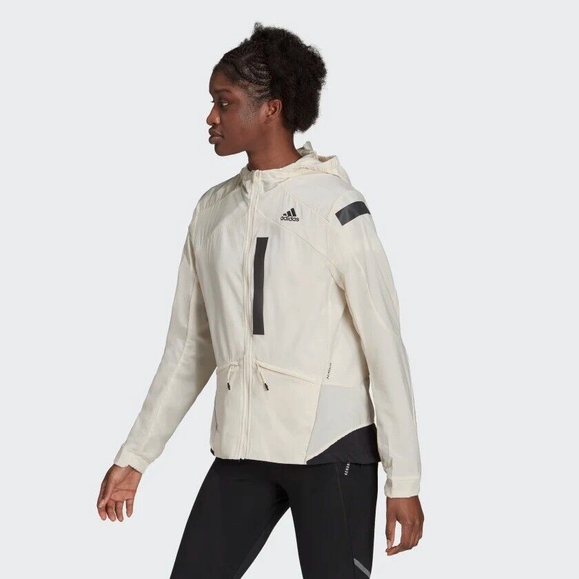 Future adidas Womens Running Jacket Marathon Hood Ladies Coat Off White Water Repellent