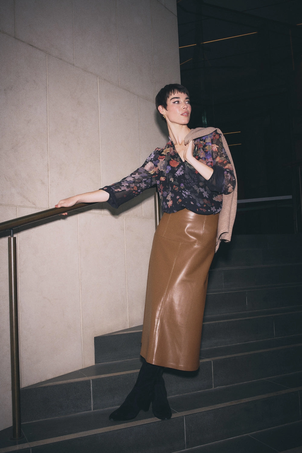 Faux Leather Skirt - Tan Friction Free Gathered waist