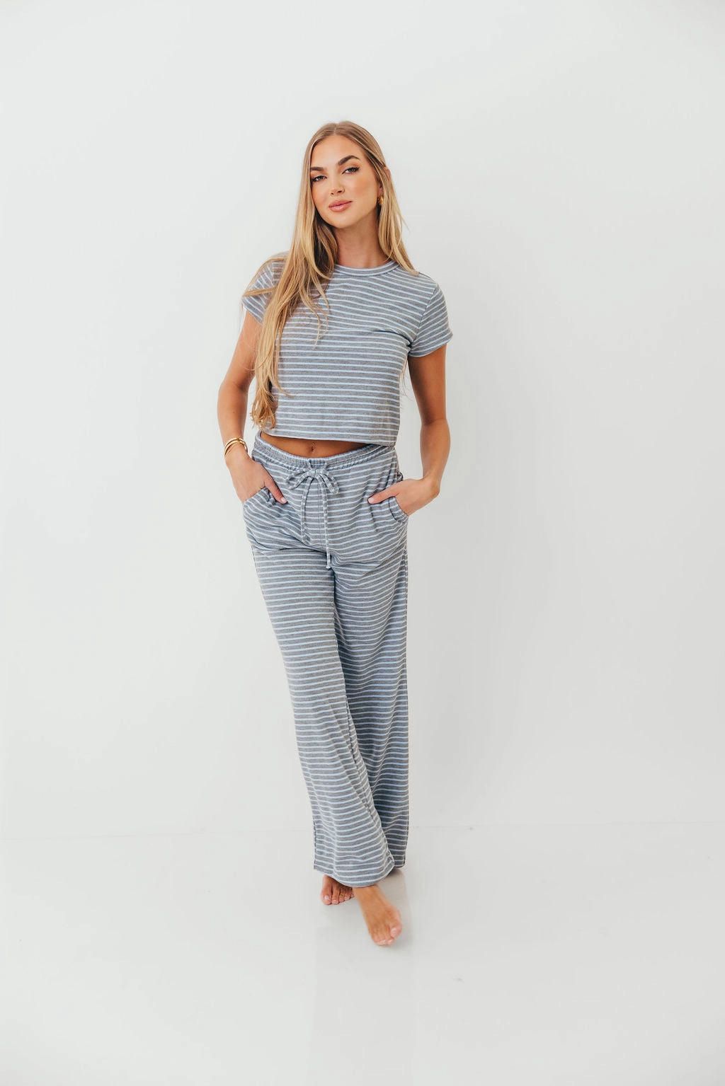 Performance Ready Find Your Soft Striped Top and Flare Pants Set in Grey Blue