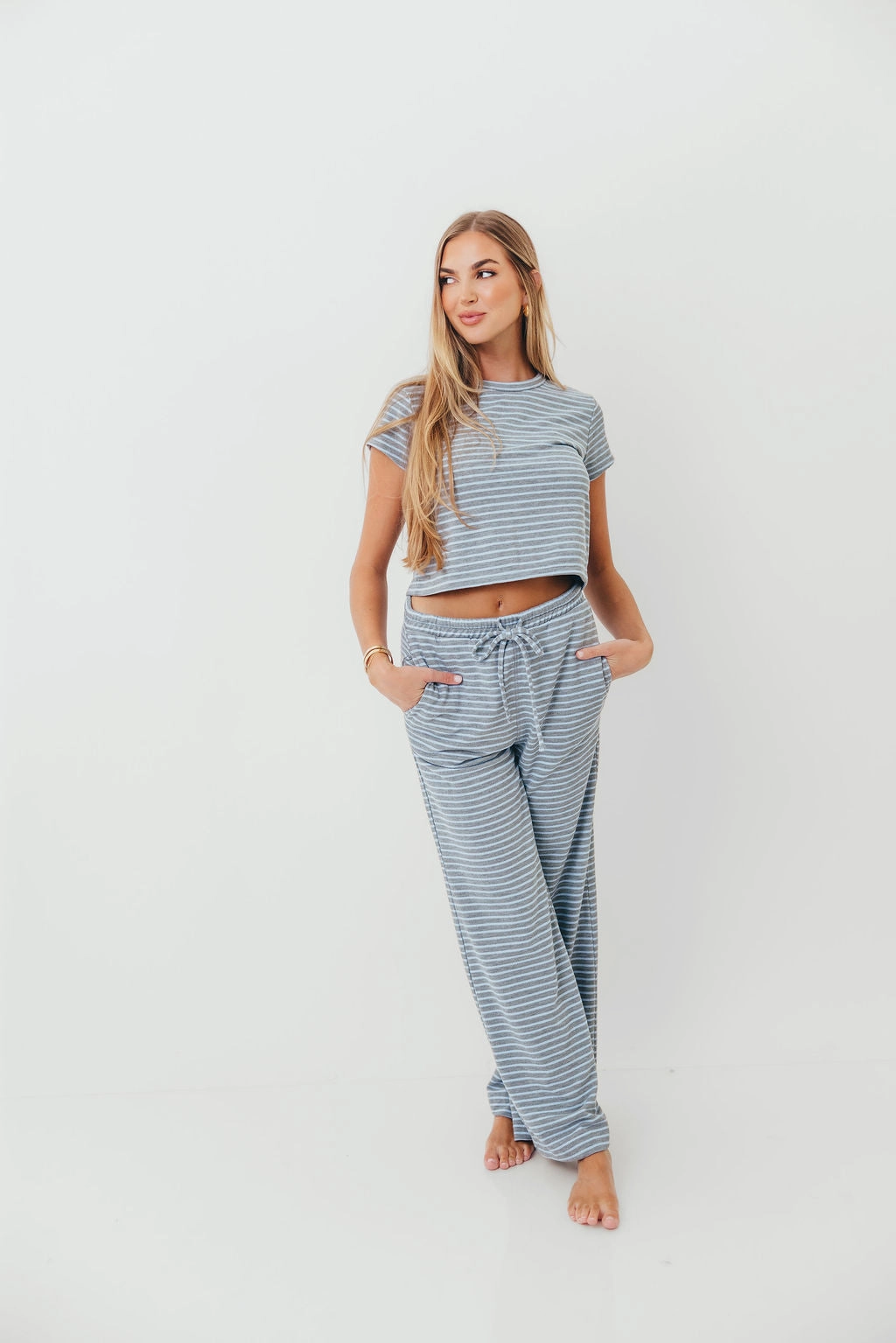 Relaxed fit wear Smooth Texture Find Your Soft Striped Top and Flare Pants Set in Grey Blue