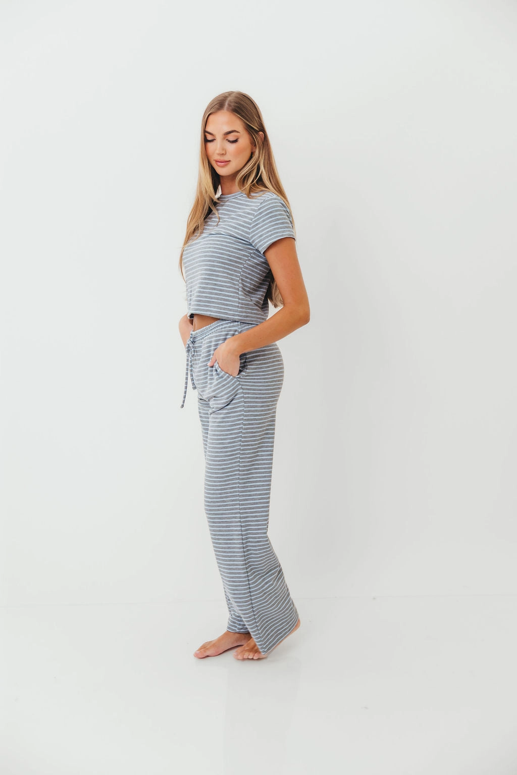 Find Your Soft Striped Top and Flare Pants Set in Grey Blue Temperature Regulating Fabric