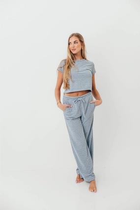 Relaxed fit wear Smooth Texture Find Your Soft Striped Top and Flare Pants Set in Grey Blue