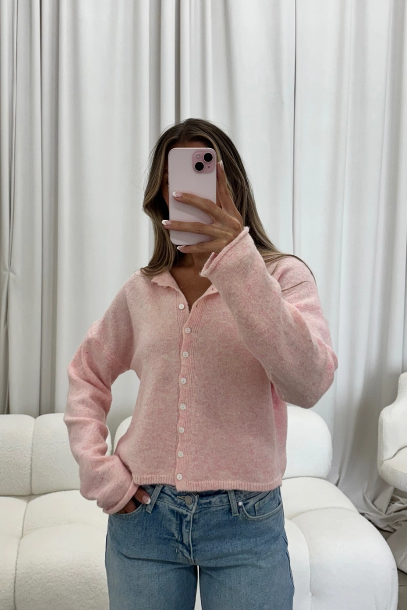 Layered Collar System NonChafe Tag Placement Dani Classic Lightweight Button Down Cardigan Top in Sherbet