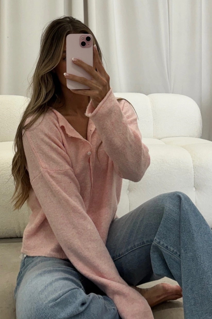 DropShoulder Dani Classic Lightweight Button Down Cardigan Top in Sherbet