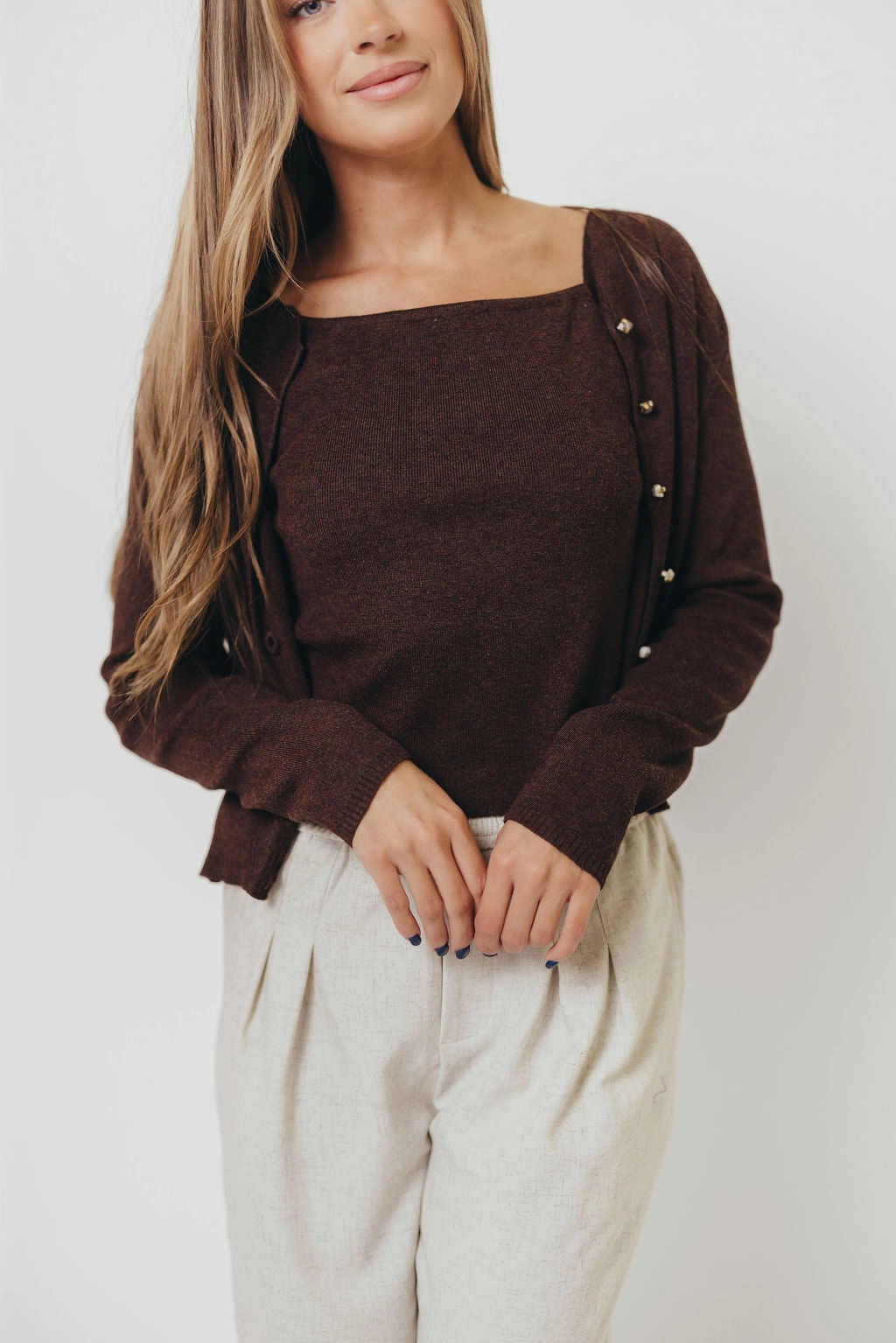 Jayla Knit Tank and Cardigan Set in Espresso OversizedFit Textured Weave