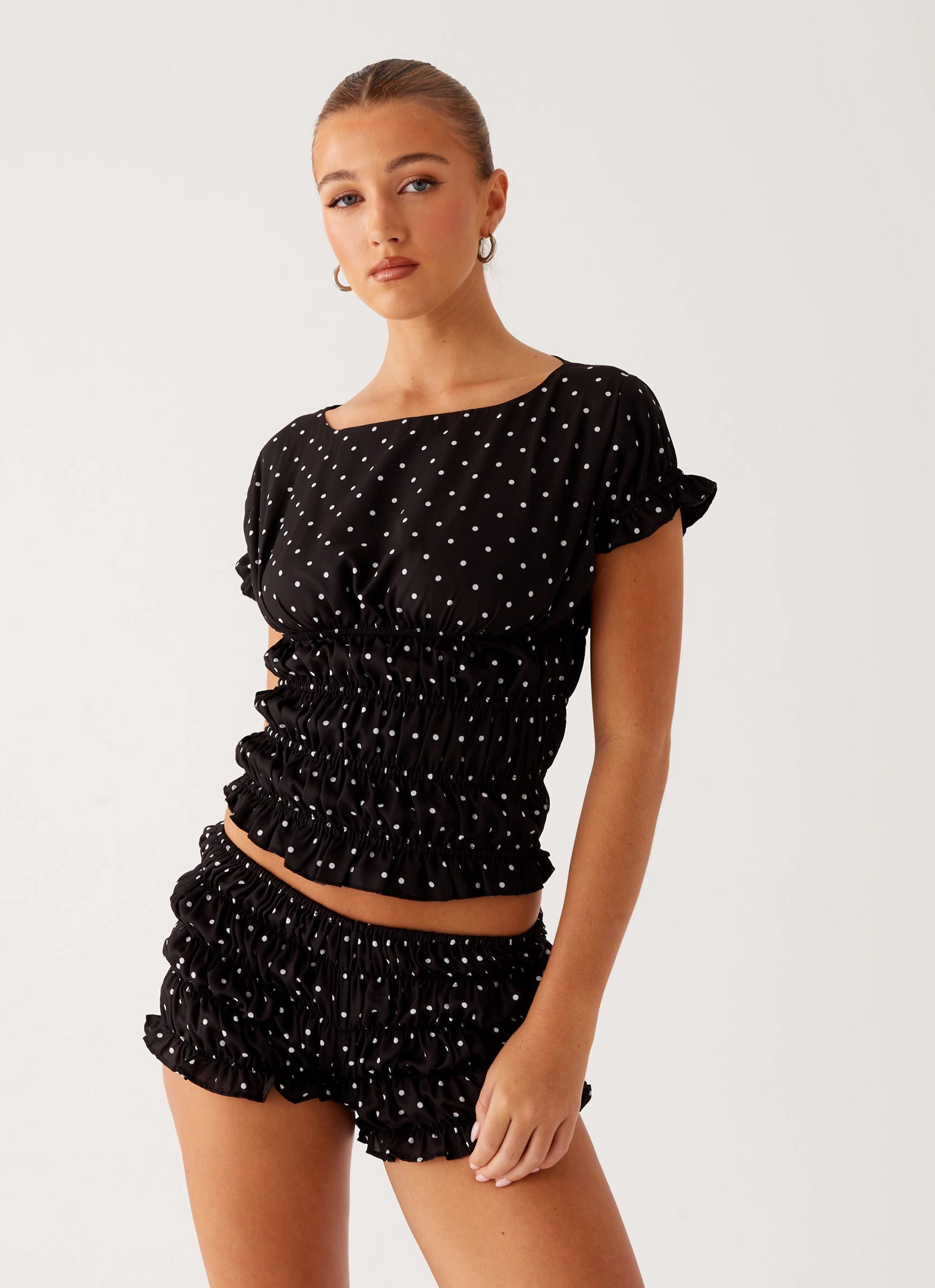 Girls Like Us Ruched Mini Shorts - Black Polka Dot Breathable Stretch Fit Daily Use