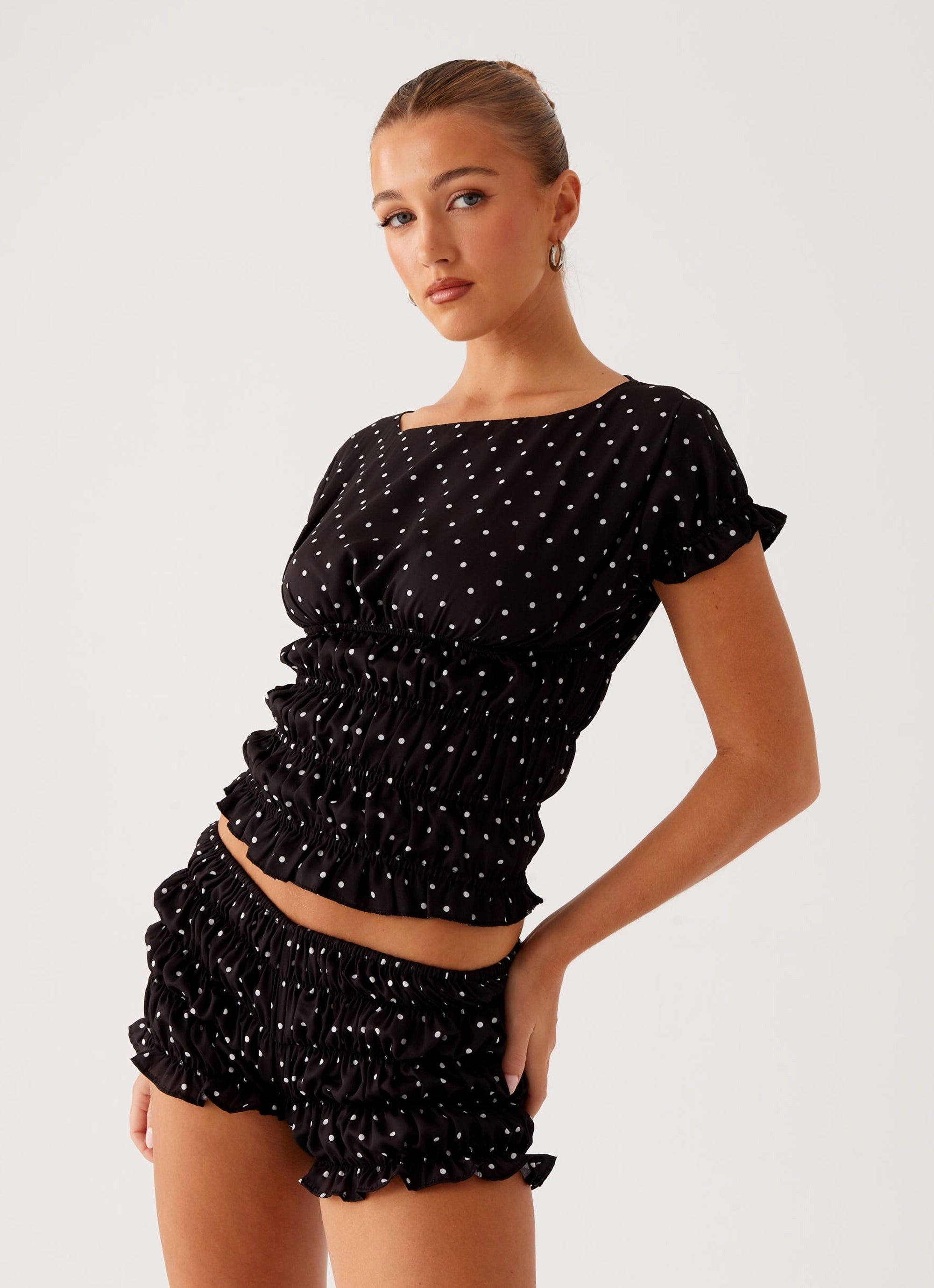 Girls Like Us Ruched Mini Shorts - Black Polka Dot checked shorts