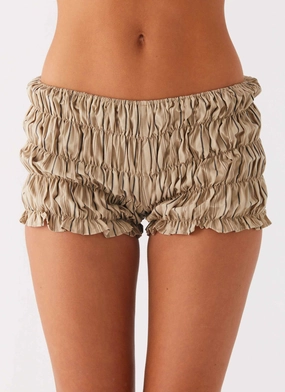 Girls Like Us Ruched Mini Shorts - Oatmeal Stripe formal alternative Smooth Fabric