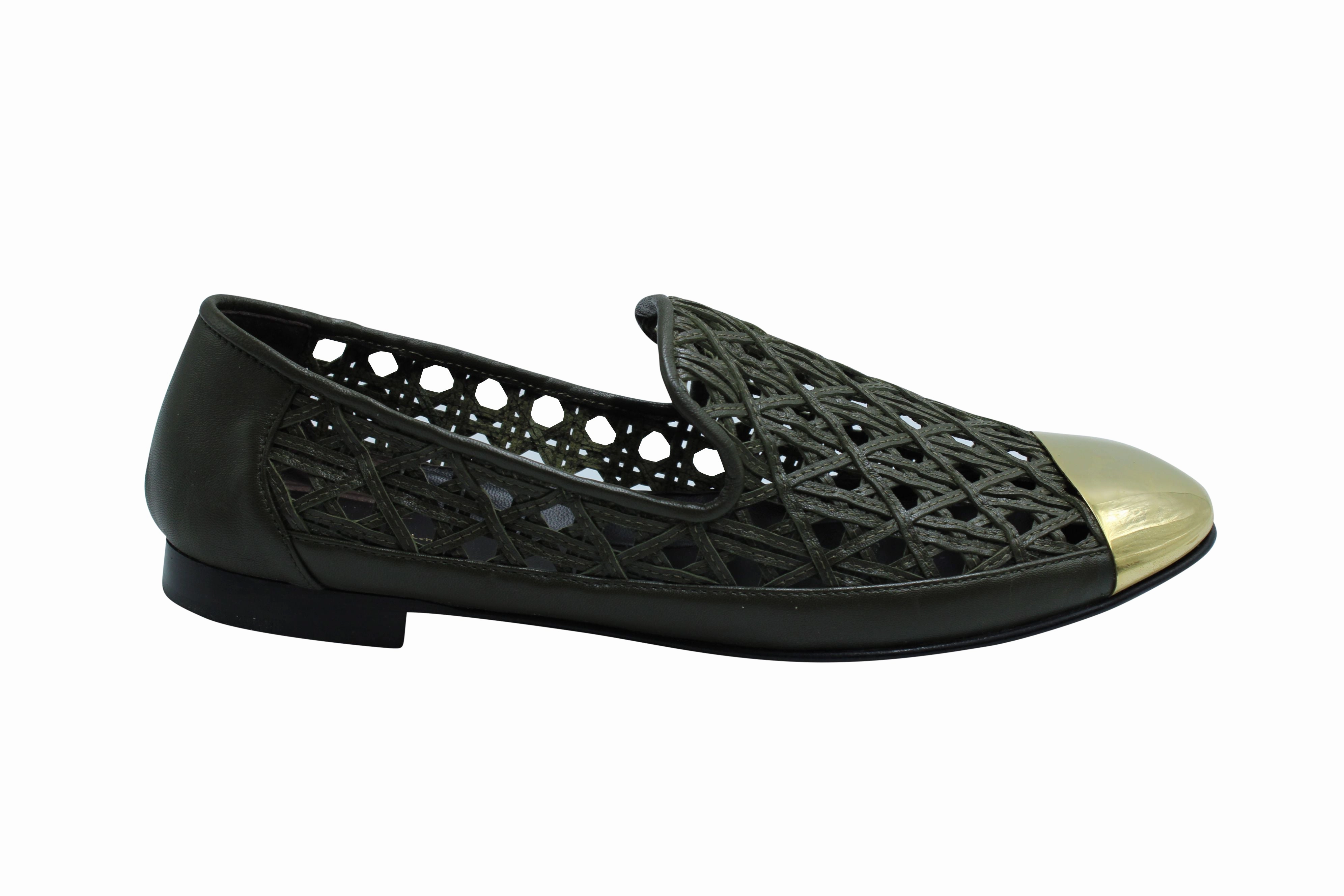 Cruise Wear Relax Vibe Giuseppe Zanotti Perforated Flats with Gold Captoe in Green Leather