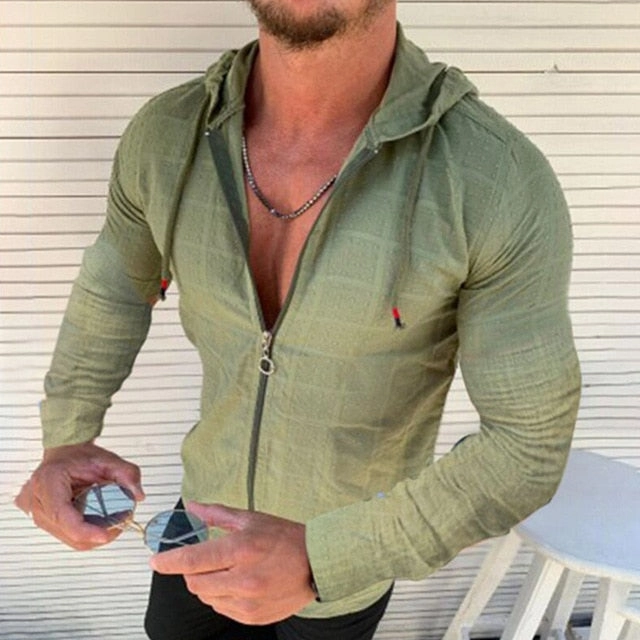 West Louis? Fashion Plaid Hooded Zipper Shirt Functional Design Dynamic Design