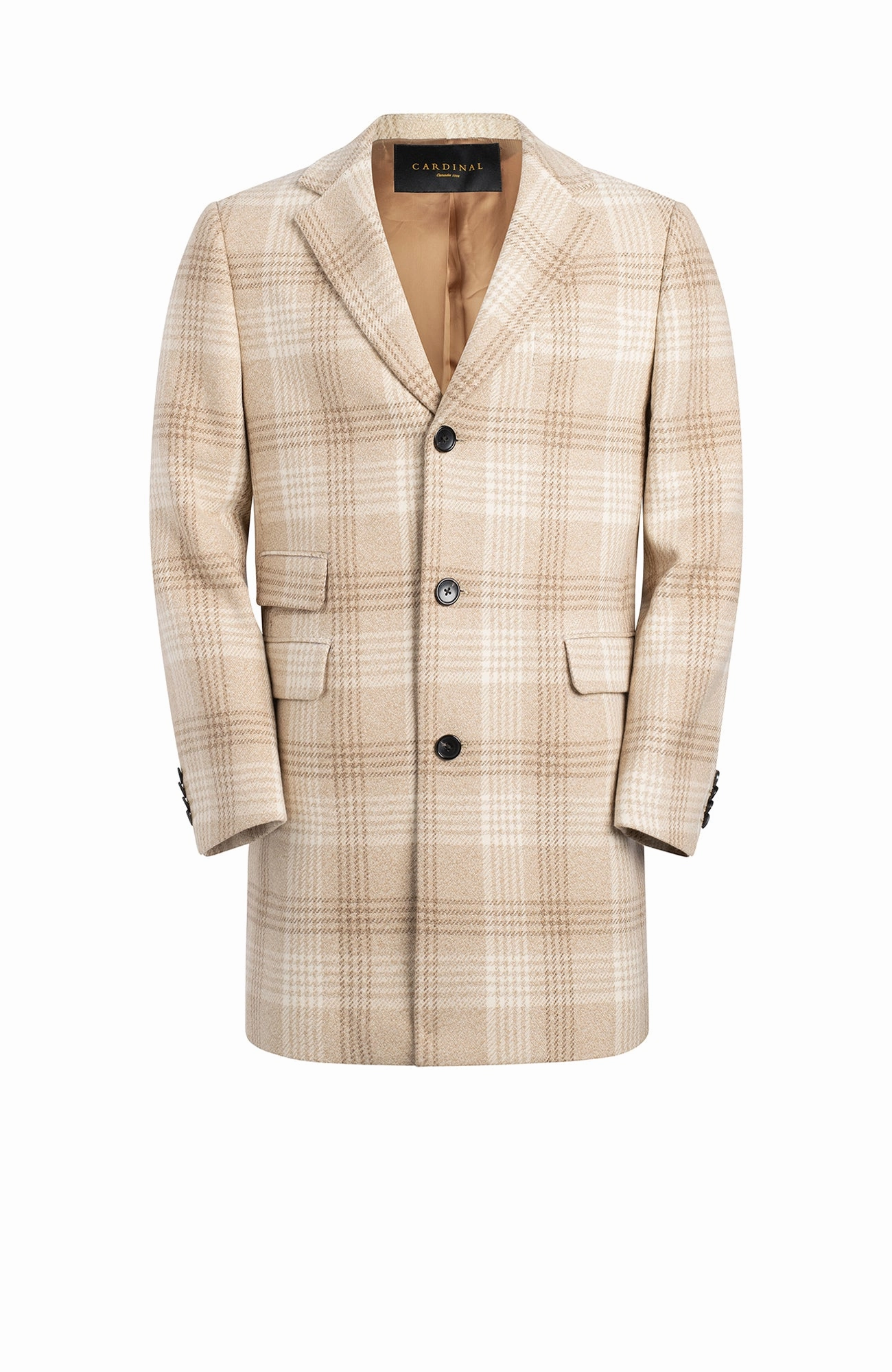 Magnetic Closure System Drop Tail Hem SAMUEL WOOL & CASHMERE OATMEAL PLAID TOPCOAT